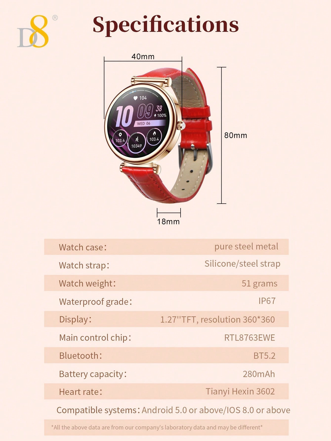 D8 Women's Smartwatch, Call Function, 1.27" Display, 100+ Sports, IP67 Rated