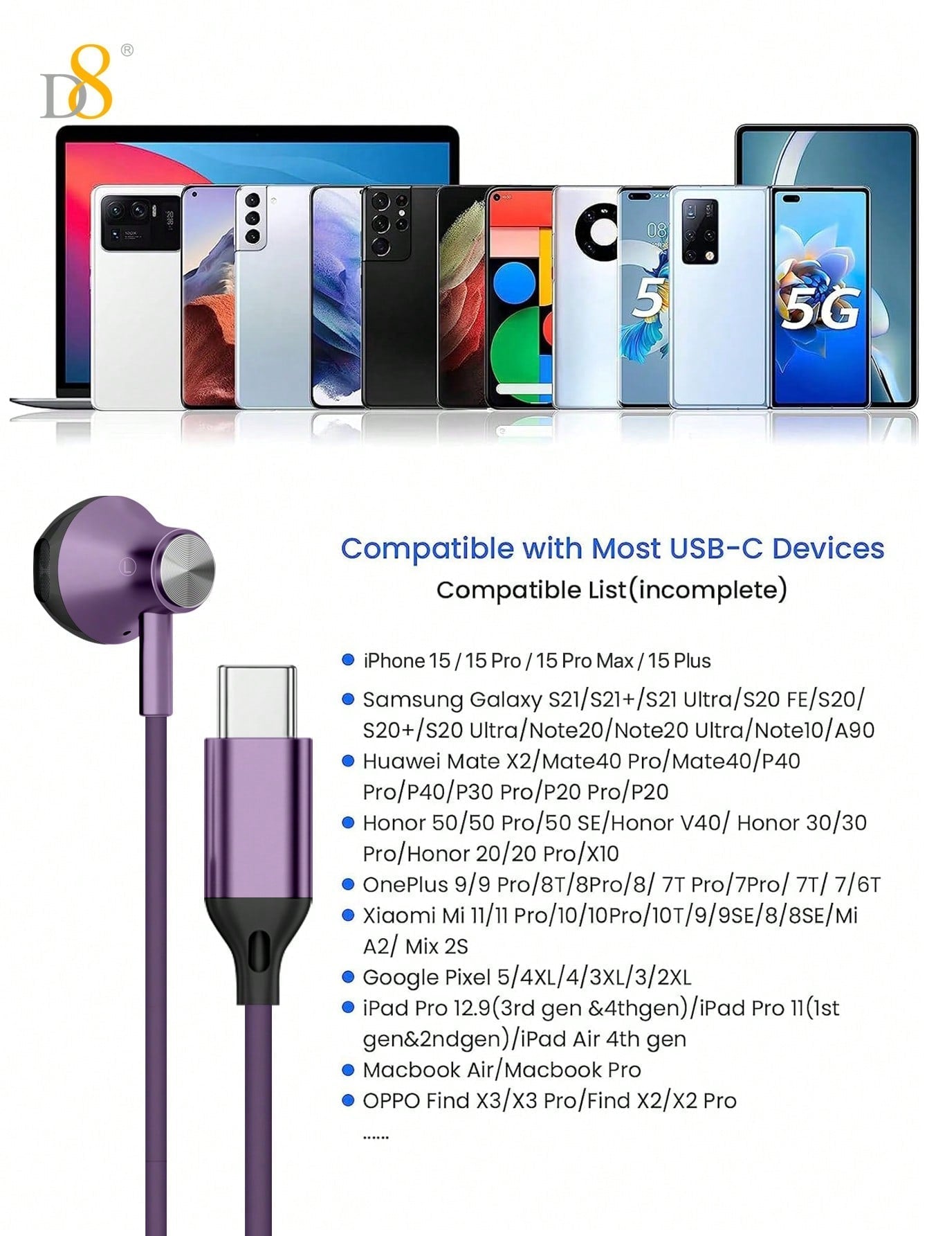 D8 USB-C Headphones, In-Ear, Mic & Volume Control, for iPhone/Galaxy/iPad