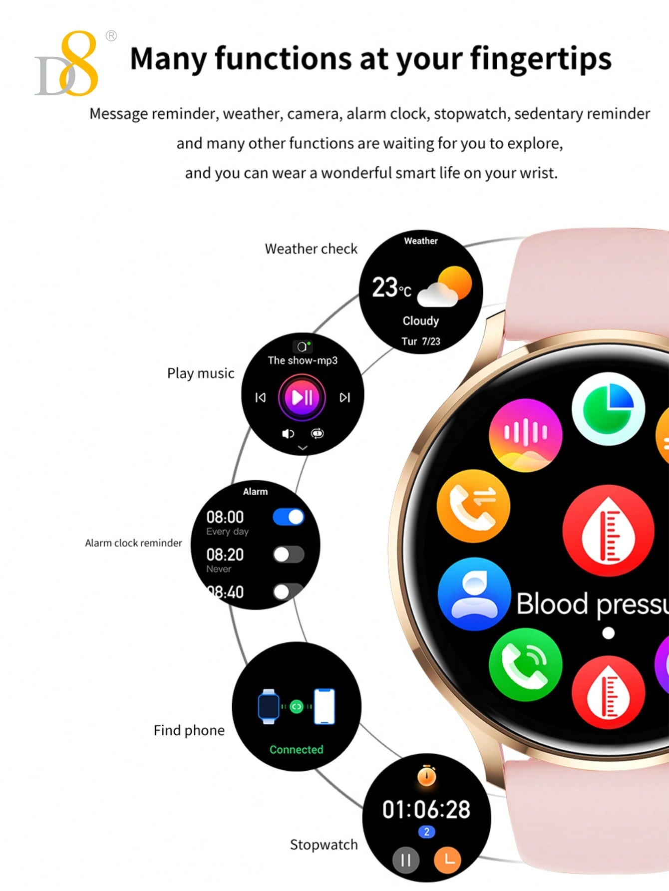 D8 Women's Smartwatch, IP67 Waterproof, Fitness Tracker, 100+ Sports Modes