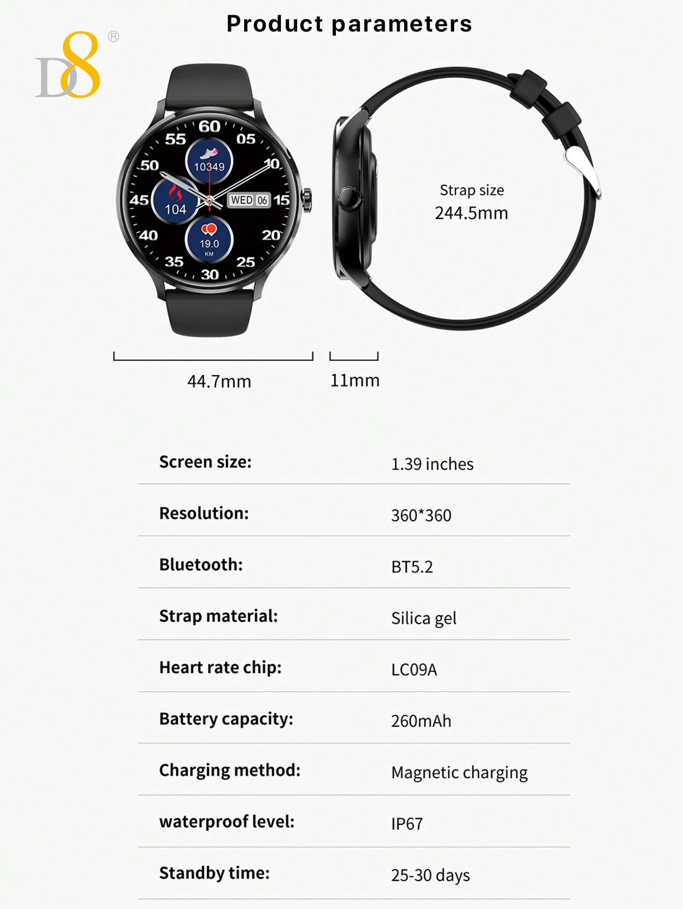 D8 Women's Smartwatch, IP67 Waterproof, Fitness Tracker, 100+ Sports Modes