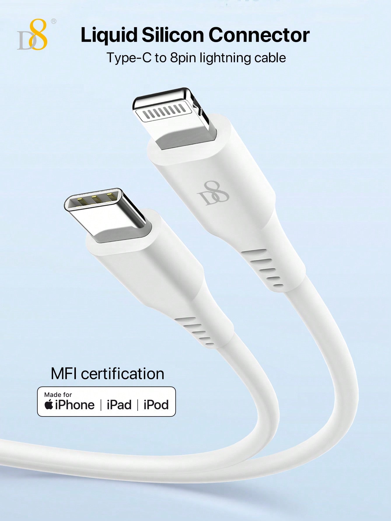 D8 USB-C to Lightning Charger Cable 1.2M – MFi Certified, 2.4A Fast Charging