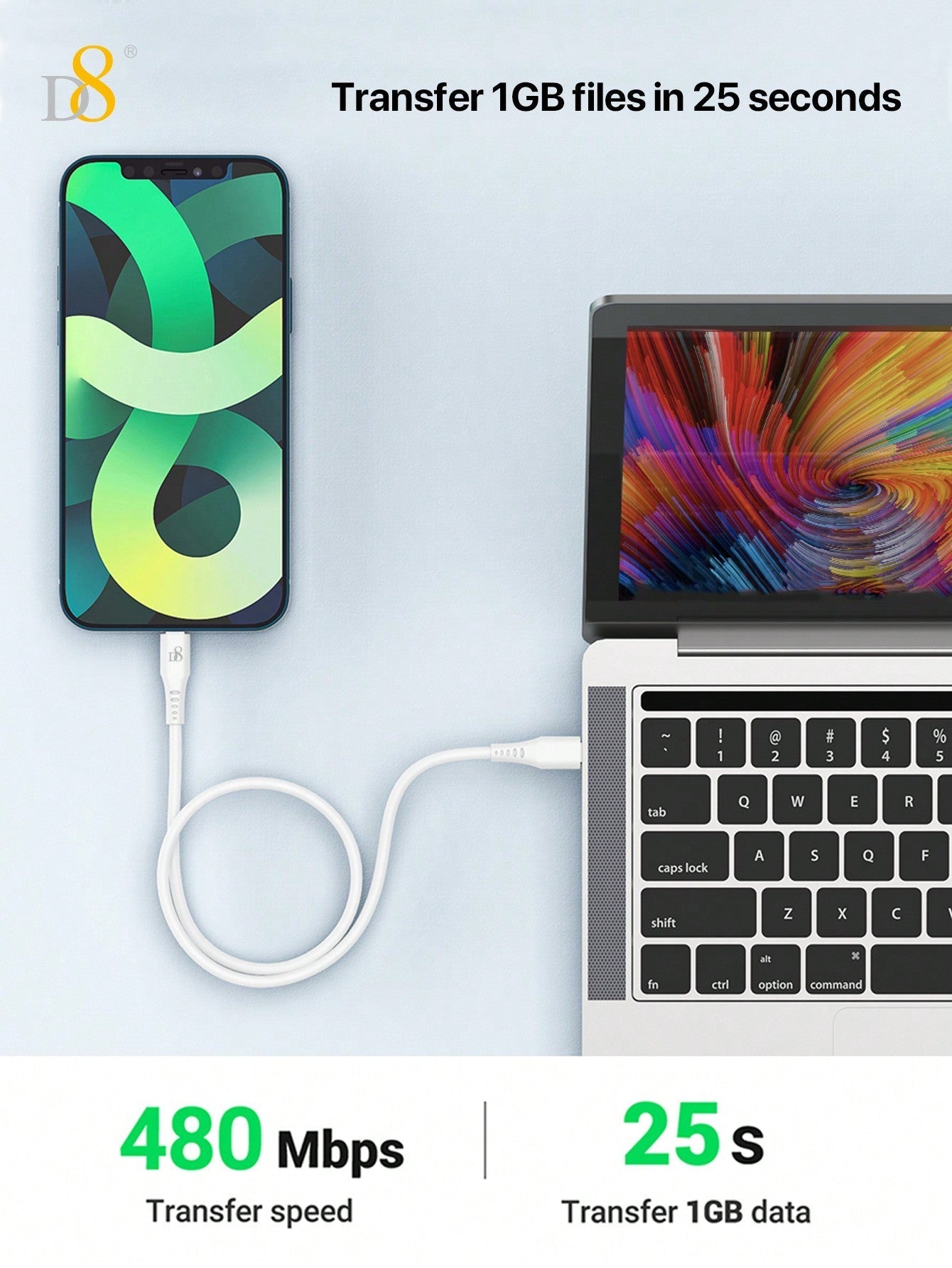 D8 USB-C to Lightning Charger Cable 1.2M – MFi Certified, 2.4A Fast Charging