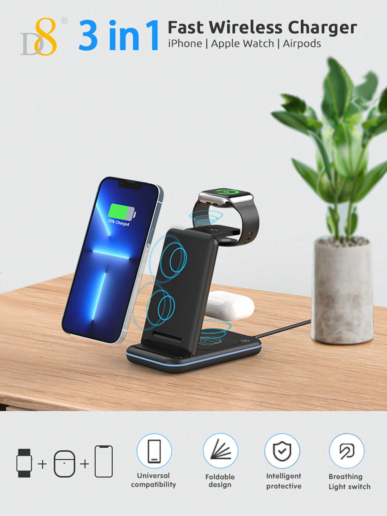 D8 3-in-1 Wireless Charger, Fast Charging Dock for iPhone/Watch/AirPods