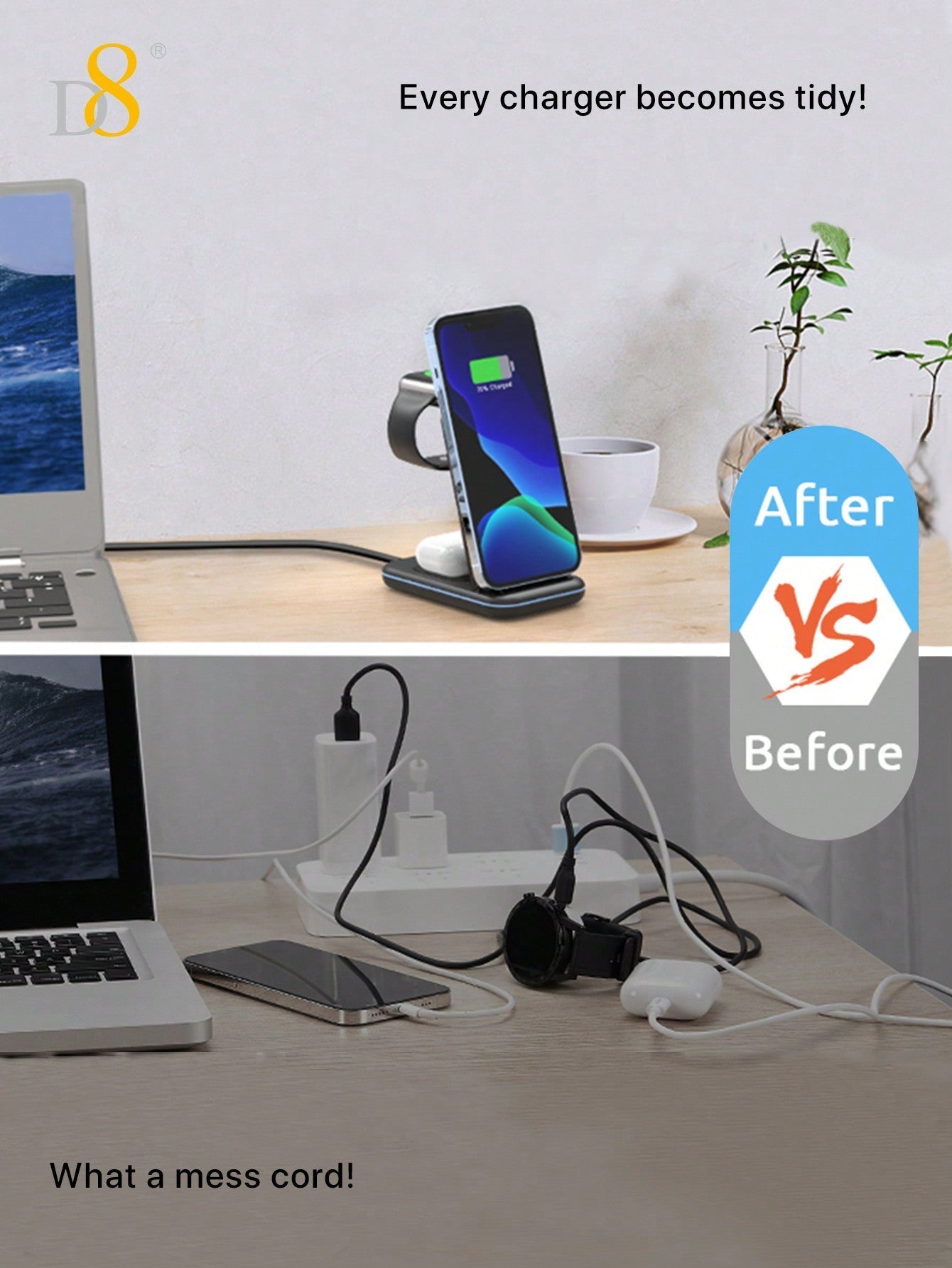 D8 3-in-1 Wireless Charger, Fast Charging Dock for iPhone/Watch/AirPods