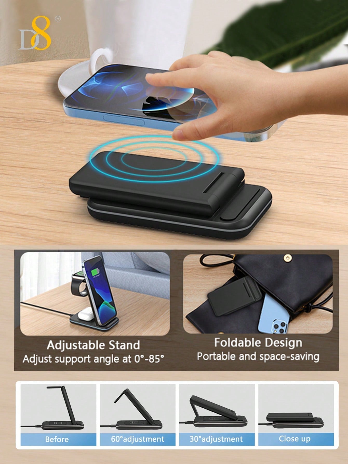D8 3-in-1 Wireless Charger, Fast Charging Dock for iPhone/Watch/AirPods