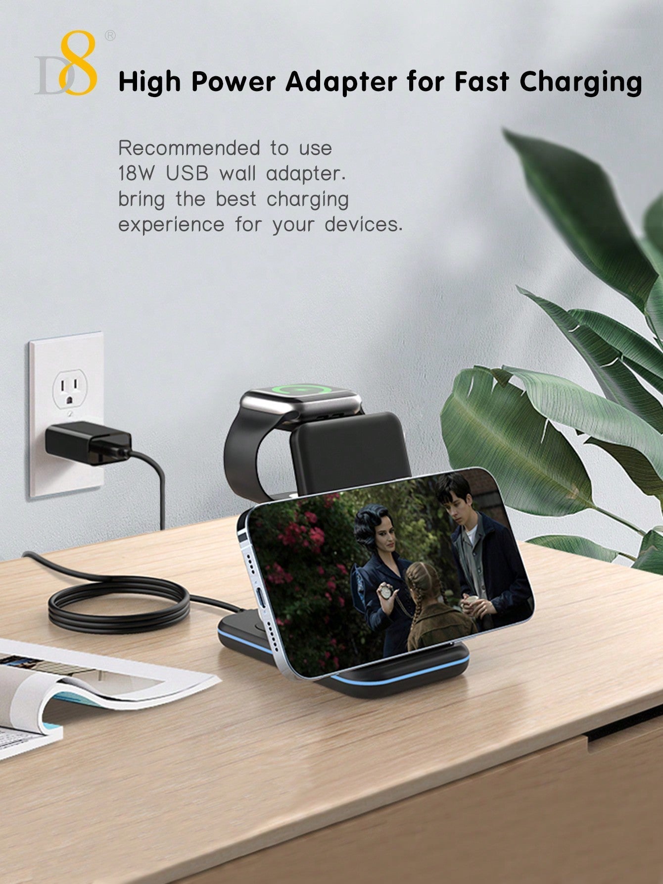 D8 3-in-1 Wireless Charger, Fast Charging Dock for iPhone/Watch/AirPods