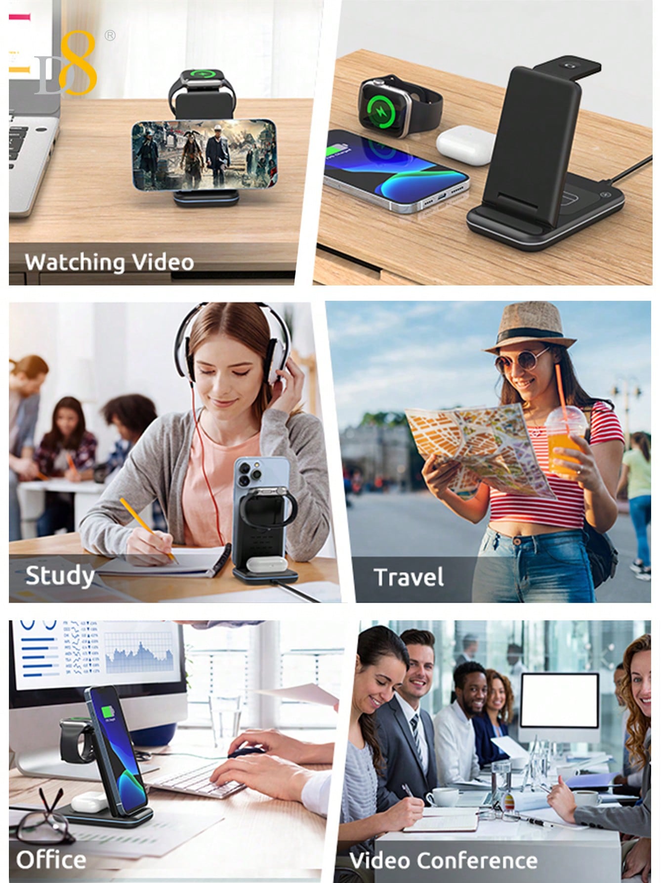 D8 3-in-1 Wireless Charger, Fast Charging Dock for iPhone/Watch/AirPods