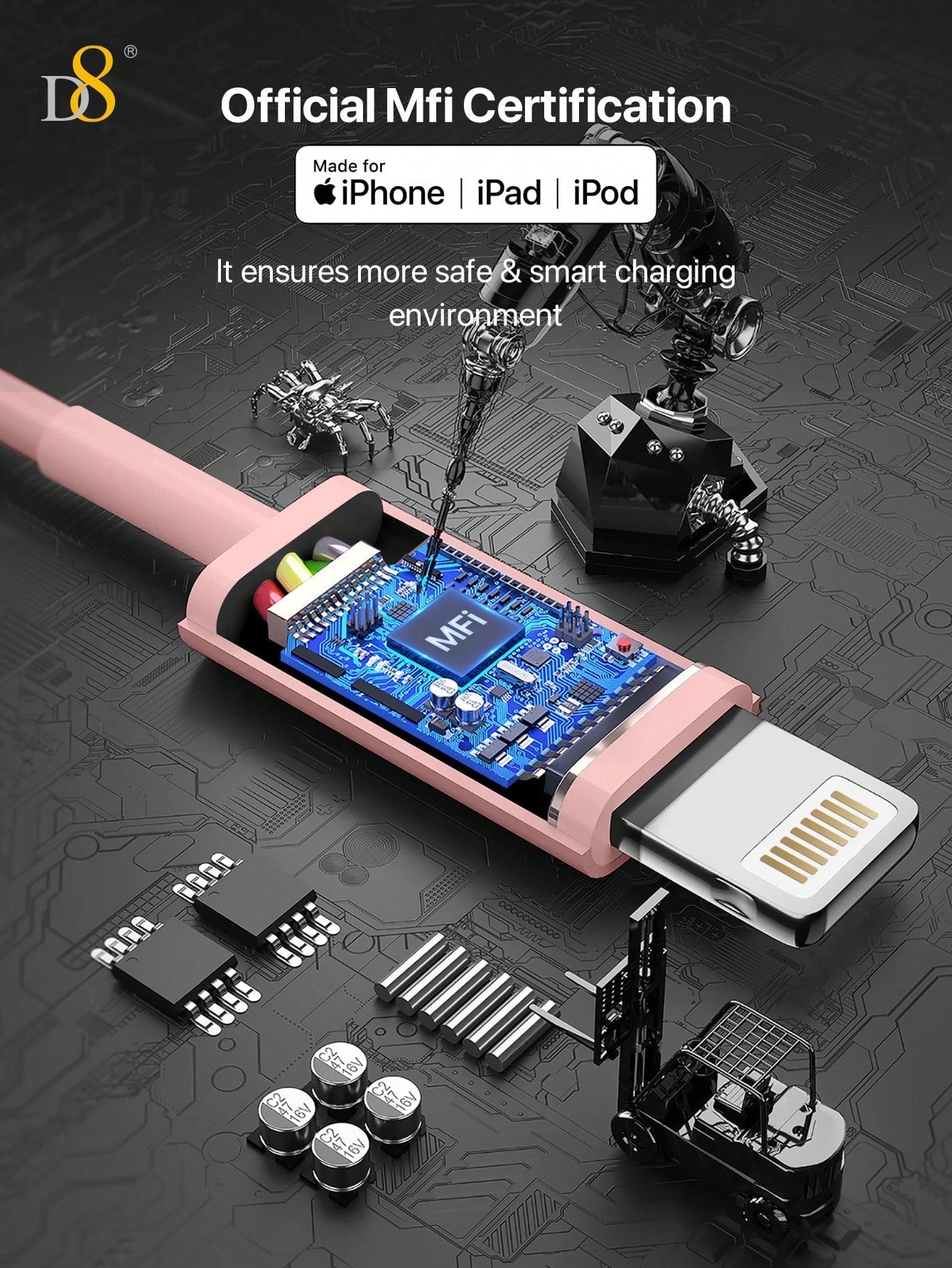 D8 3-Pack USB-A to Lightning Cable, MFi Certified 2.4A Fast Charging (1M)