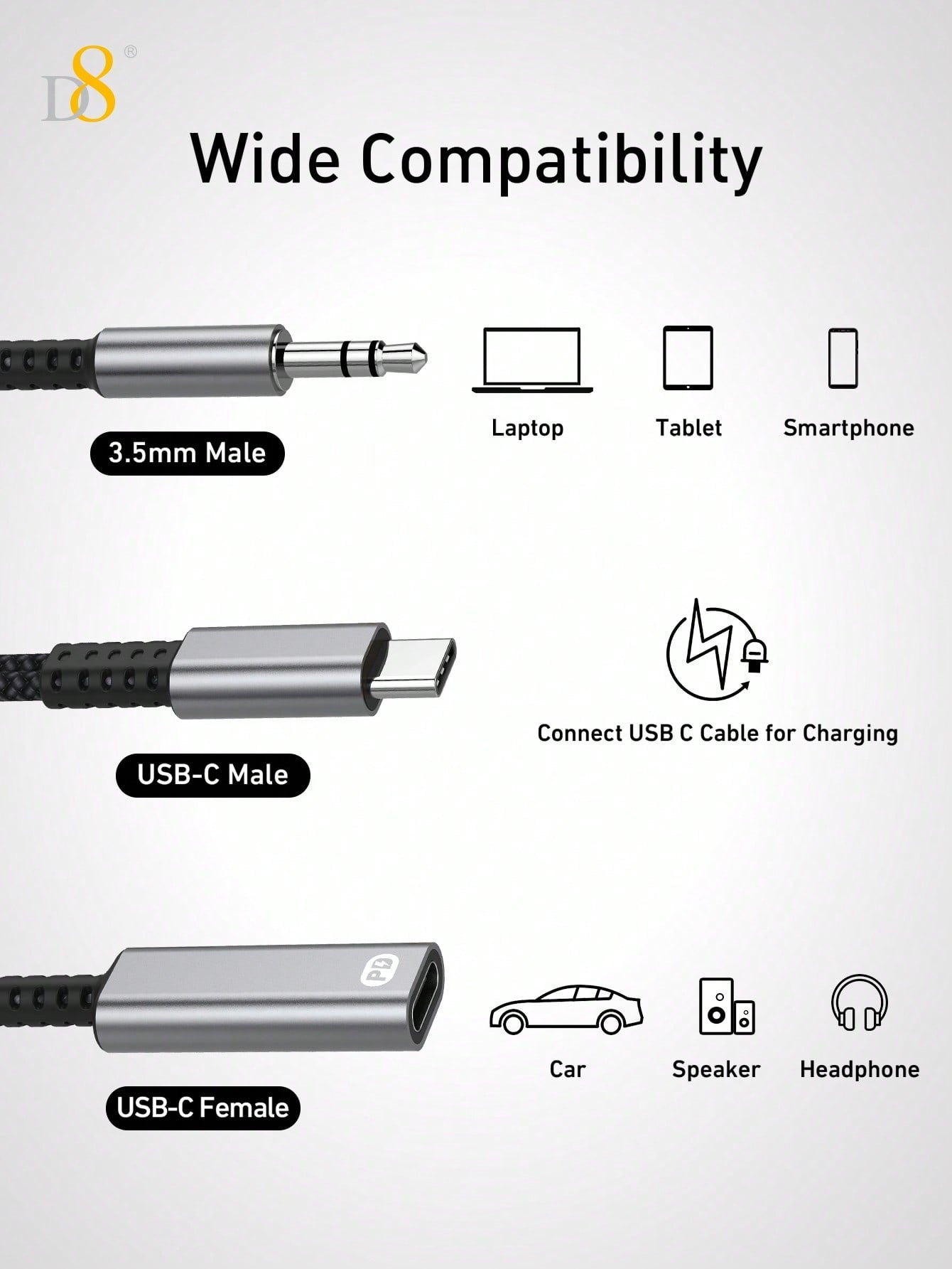 D8 USB-C to 3.5mm Aux & Charger, 2-in-1, 60W PD, for iPhone/Galaxy/Pixel
