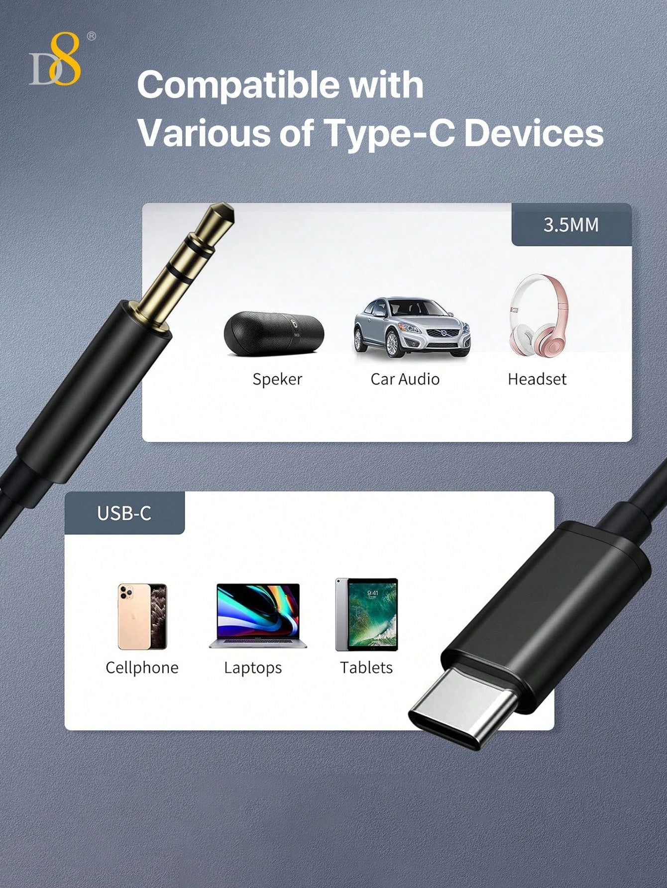 D8 USB-C to 3.5mm Aux Cable, 3.3FT, for iPhone/Galaxy/Pixel/iPad, Car Stereo