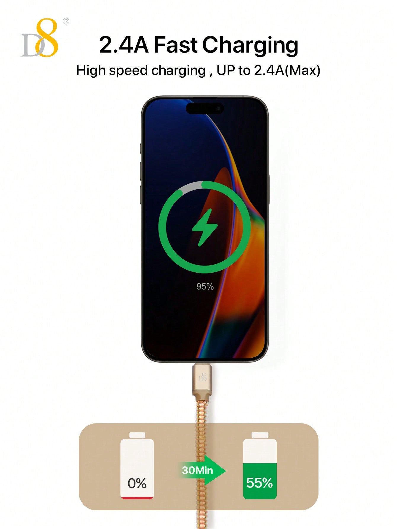 D8 USB-A to Lightning Charger Cable 1M – MFi Certified, 2.4A Fast Charging