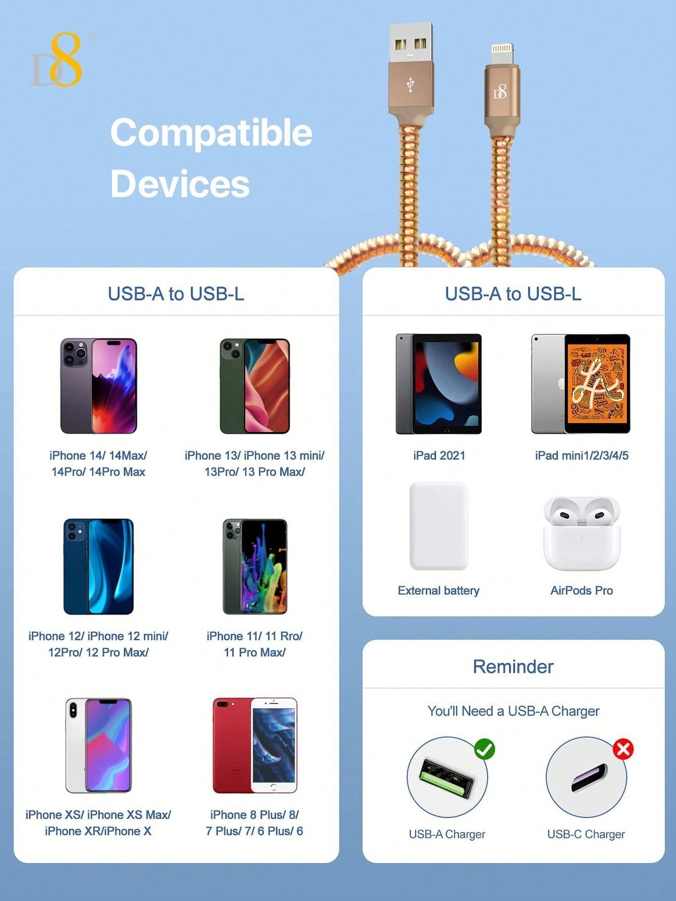 D8 USB-A to Lightning Charger Cable 1M – MFi Certified, 2.4A Fast Charging