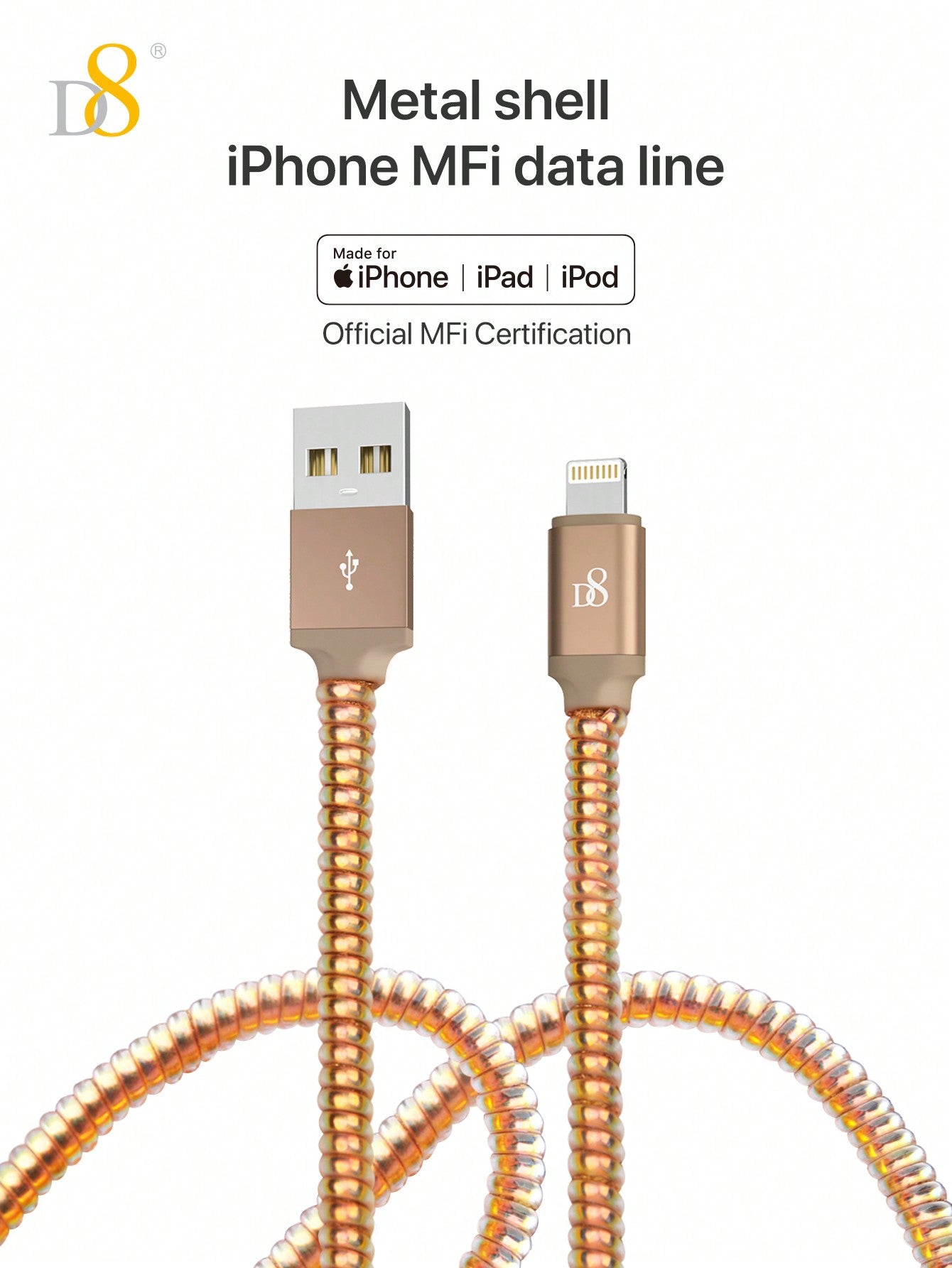 D8 USB-A to Lightning Charger Cable 1M – MFi Certified, 2.4A Fast Charging