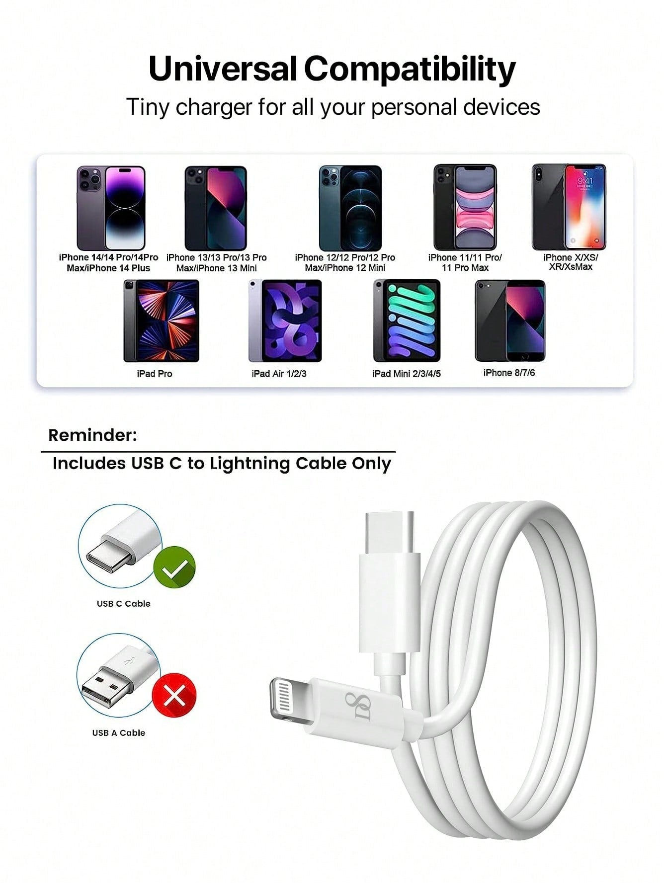 D8 25W USB-C PD Fast Charger with MFi Certified 3.3FT Cable for iPhone and iPad