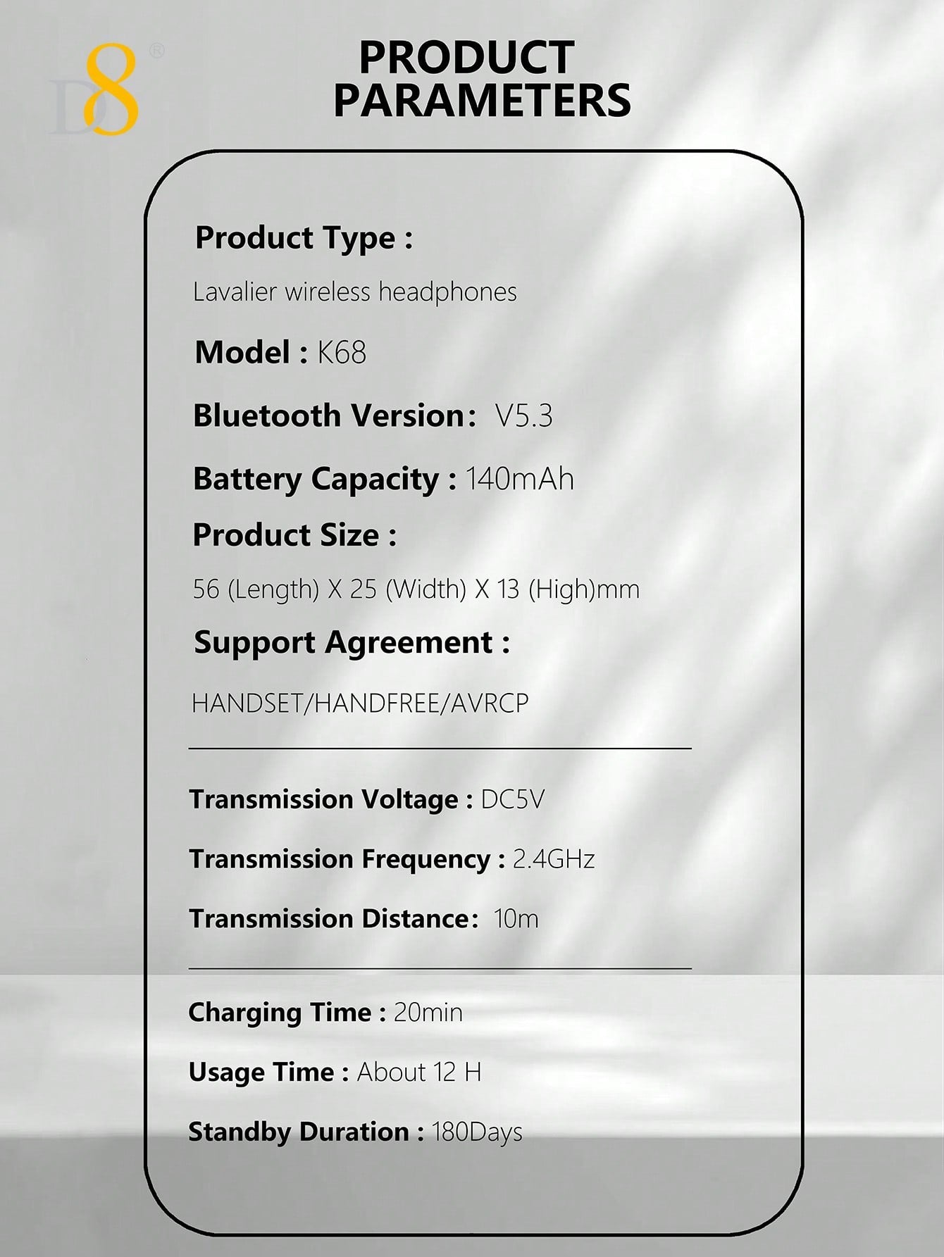 D8 Retractable Wireless Headset, V5.3 Noise Cancelling, 12Hrs Talk Time