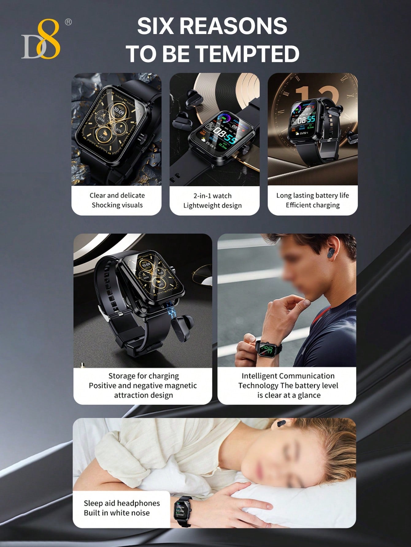 D8 2-in-1 Smartwatch with Earbuds, Fitness Tracker, 100+ Sports Modes, iOS/Android