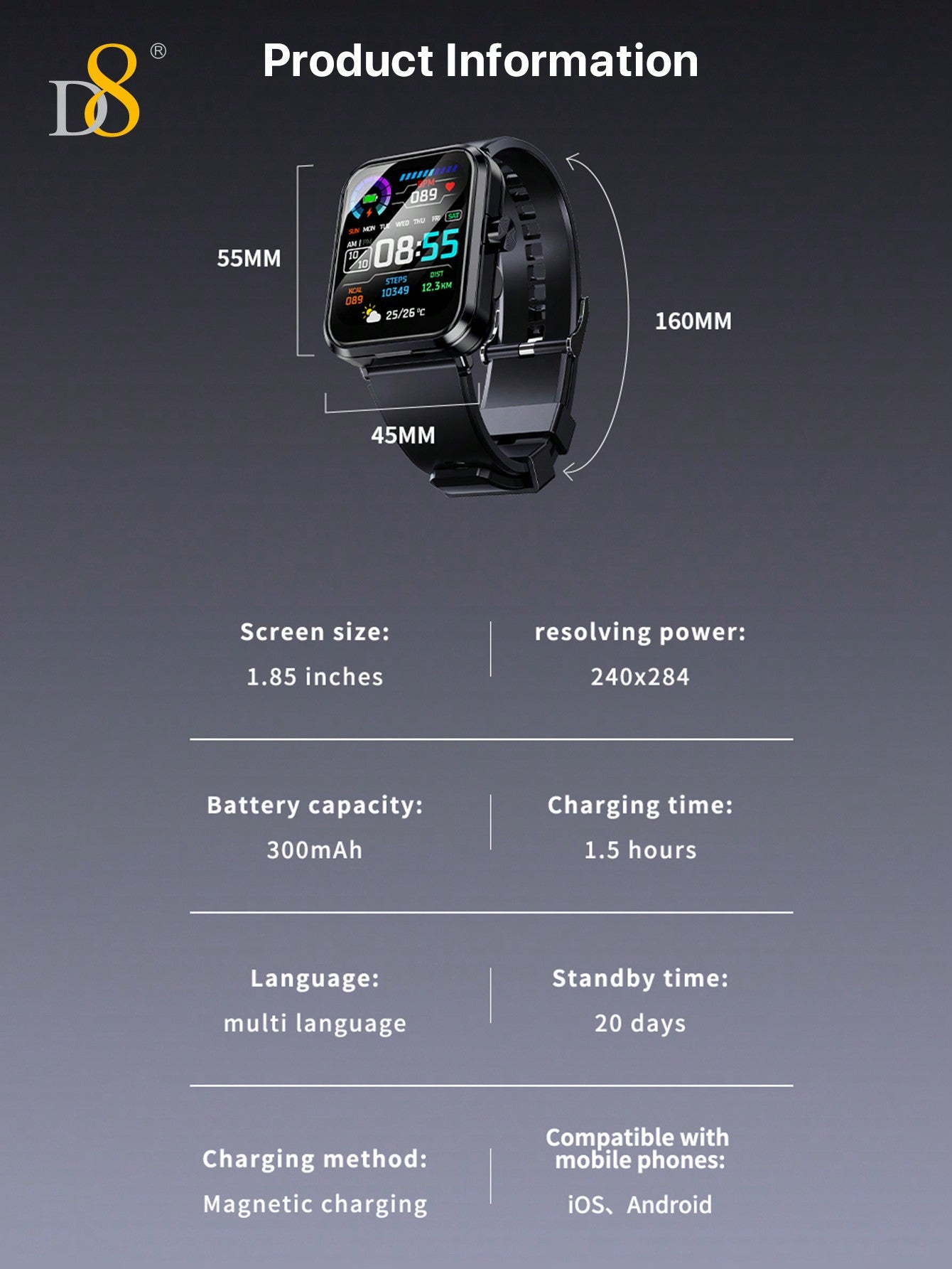 D8 2-in-1 Smartwatch with Earbuds, Fitness Tracker, 100+ Sports Modes, iOS/Android