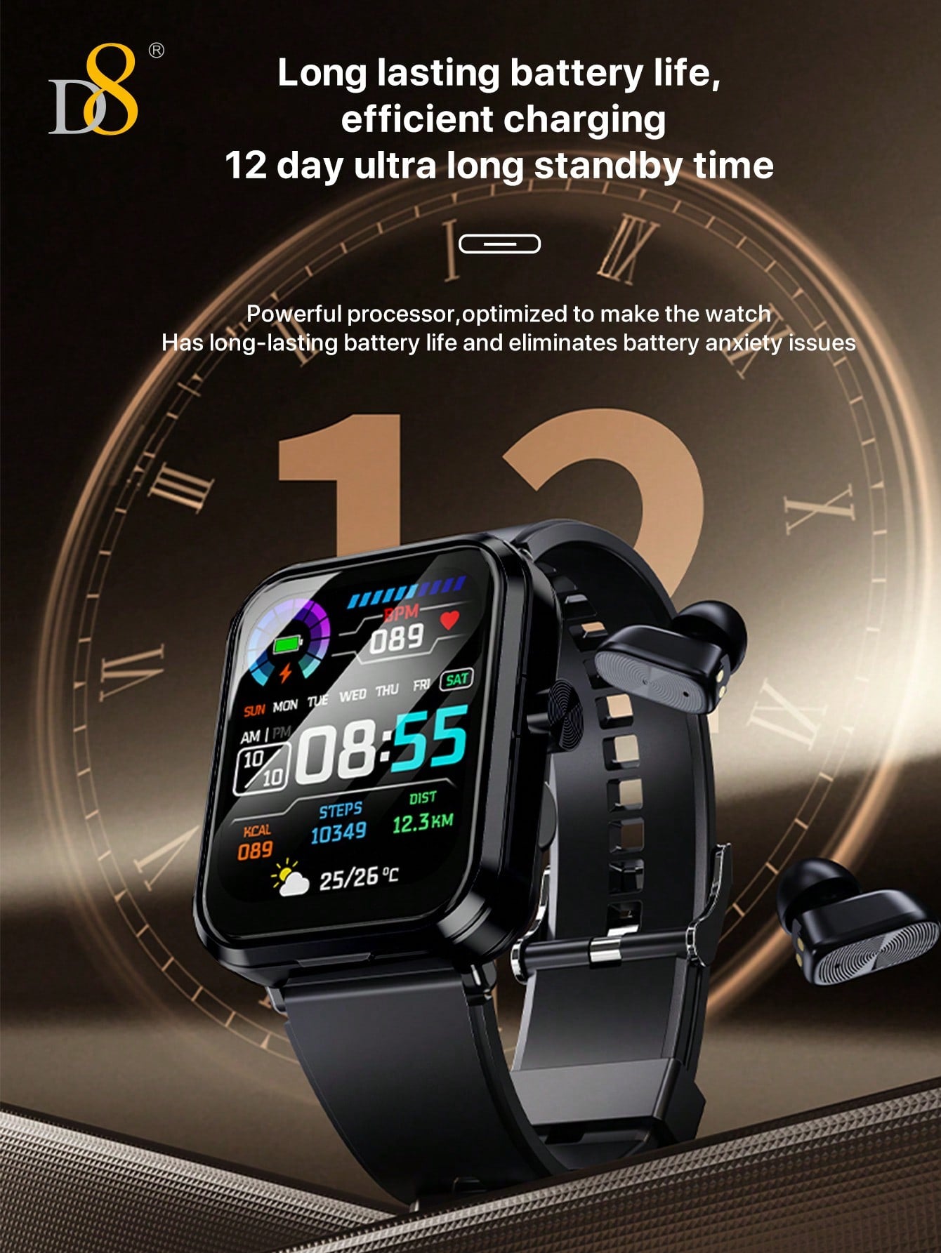 D8 2-in-1 Smartwatch with Earbuds, Fitness Tracker, 100+ Sports Modes, iOS/Android