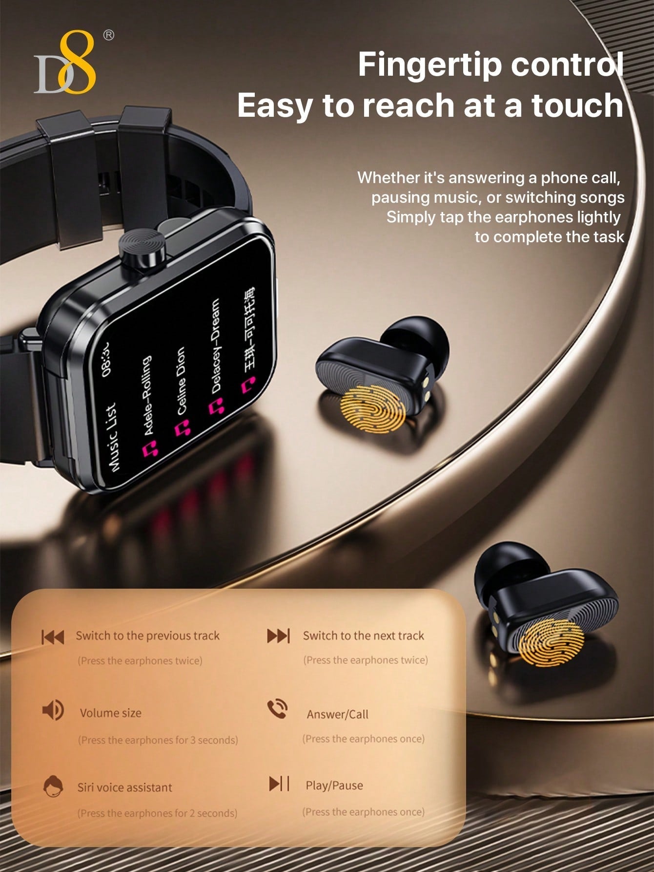 D8 2-in-1 Smartwatch with Earbuds, Fitness Tracker, 100+ Sports Modes, iOS/Android