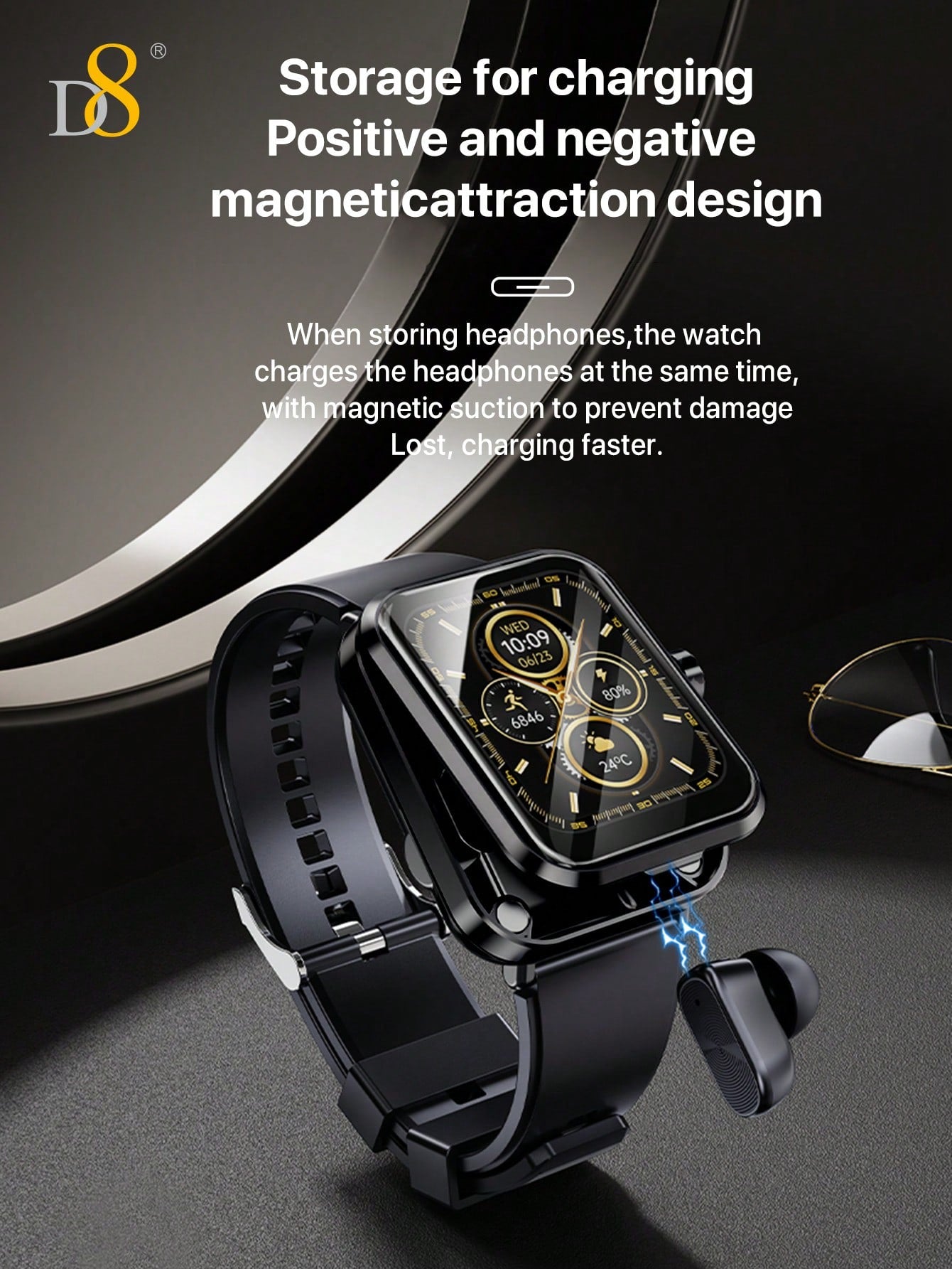 D8 2-in-1 Smartwatch with Earbuds, Fitness Tracker, 100+ Sports Modes, iOS/Android