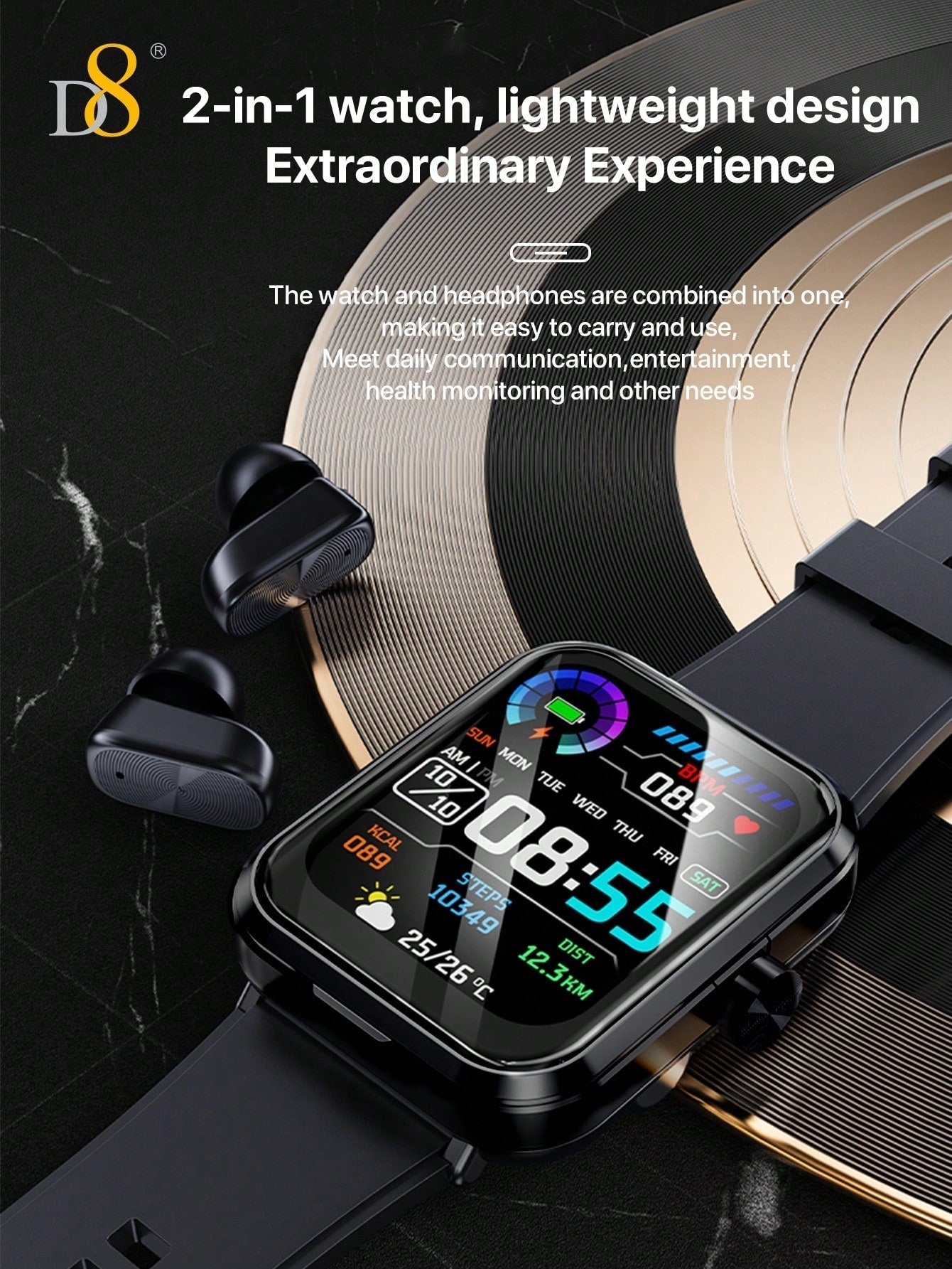 D8 2-in-1 Smartwatch with Earbuds, Fitness Tracker, 100+ Sports Modes, iOS/Android