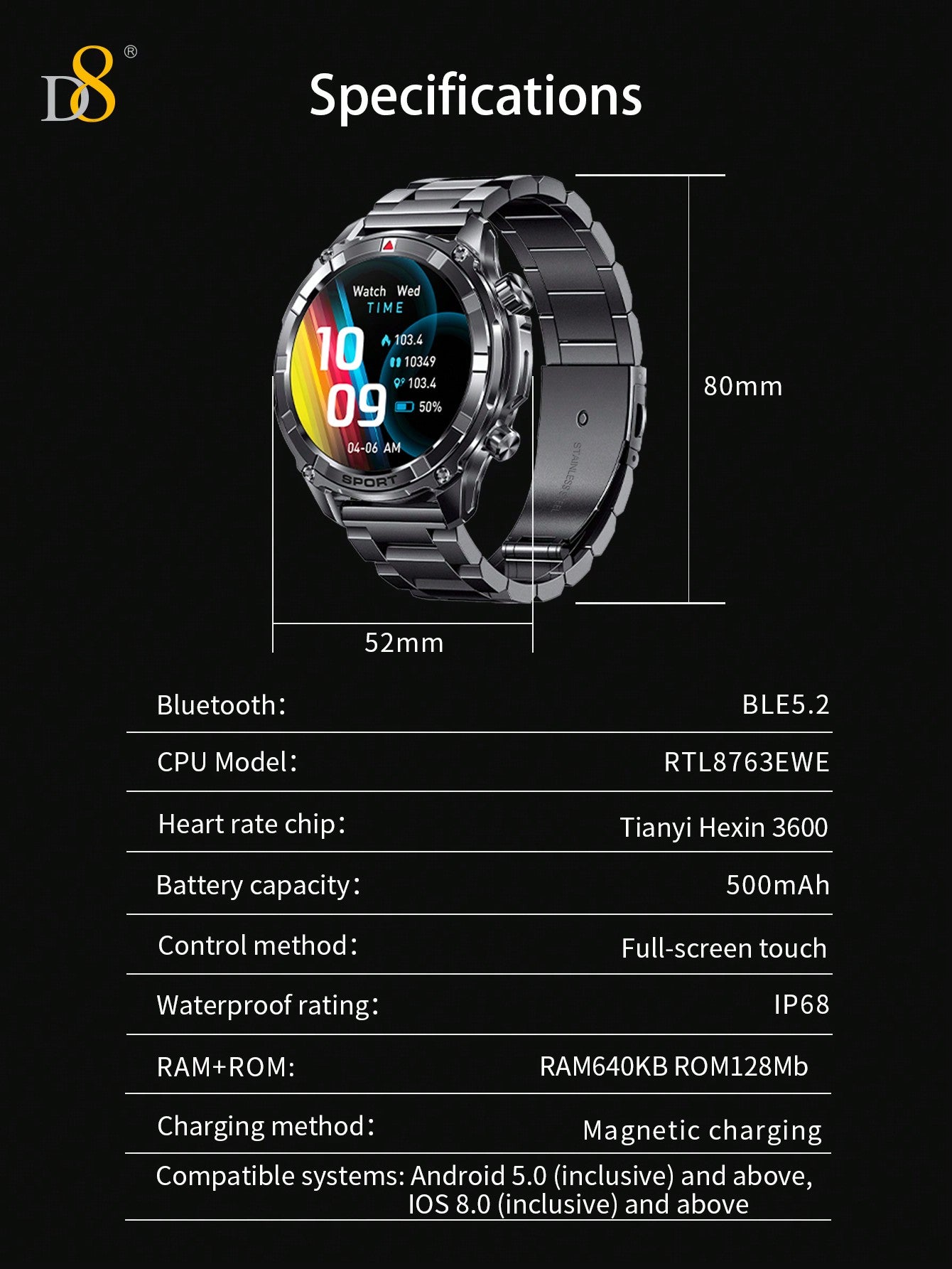 D8 Men's Smartwatch, 1.52" HD, Calls, LED Flashlight, IP68, 100+ Sports Modes