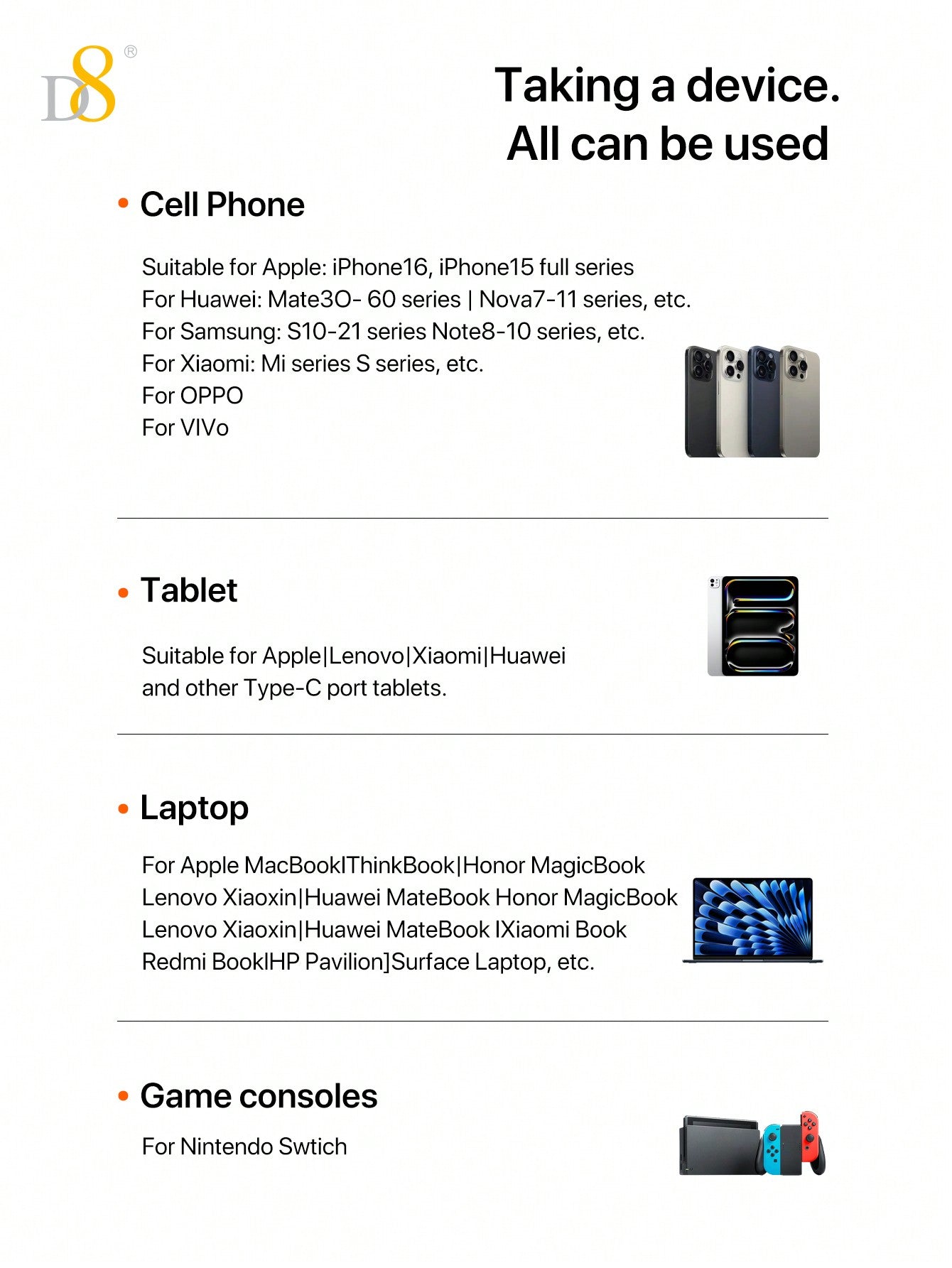 D8 USB-C Cable with Keychain, 60W Fast Charge, Nylon Braided, iPhone/Galaxy