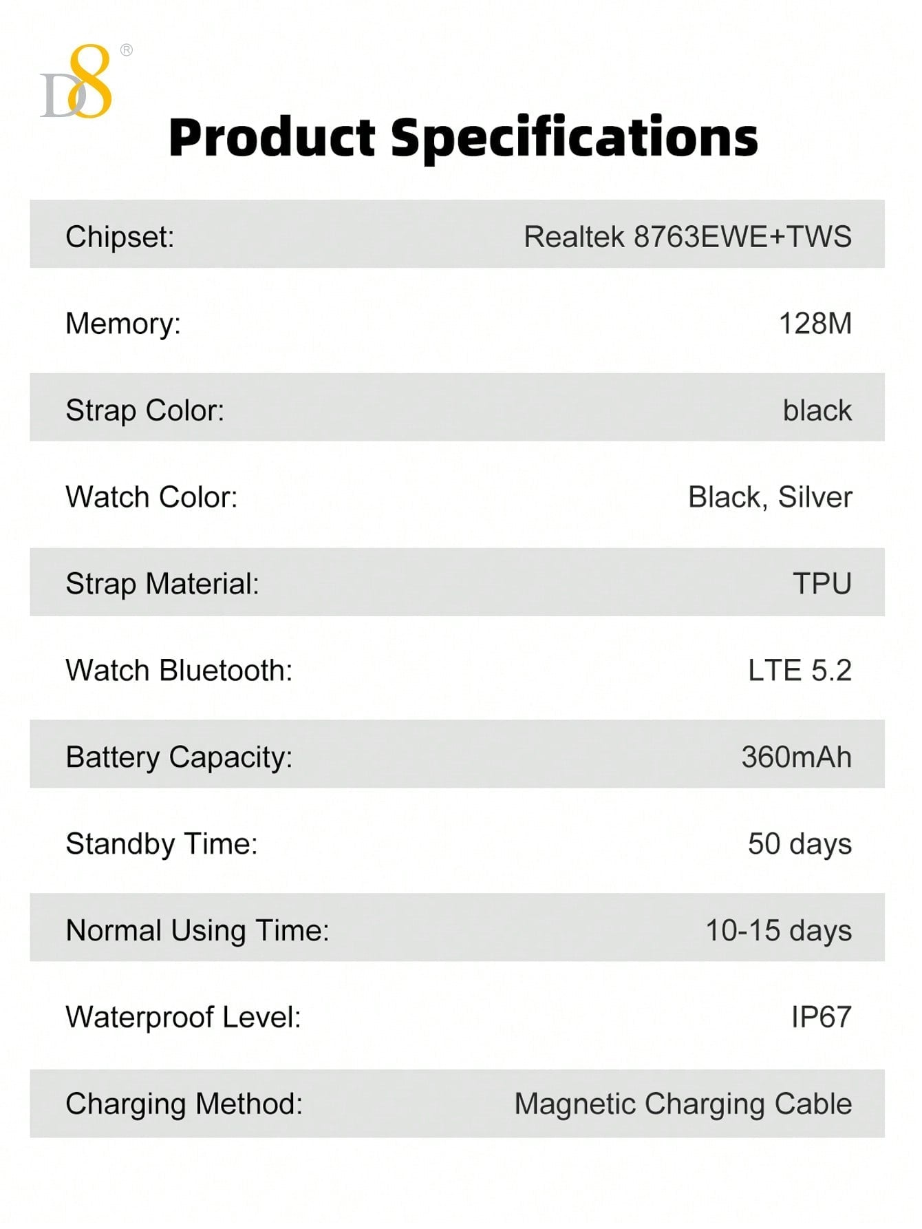 D8 Smartwatch with Earbuds, 1.46" HD, 110+ Fitness Modes, Android/iOS