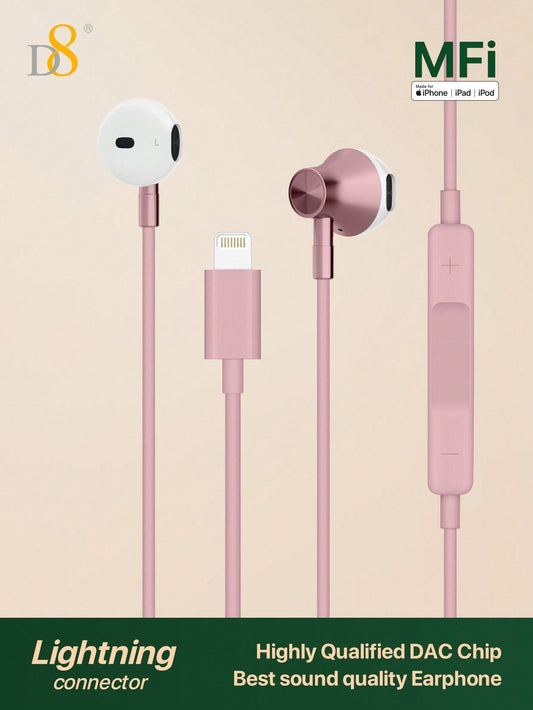 D8 Wired In-Ear Headphones with Lightning Connector – MFi Certified, Noise-Isolating, Mic & Volume Control