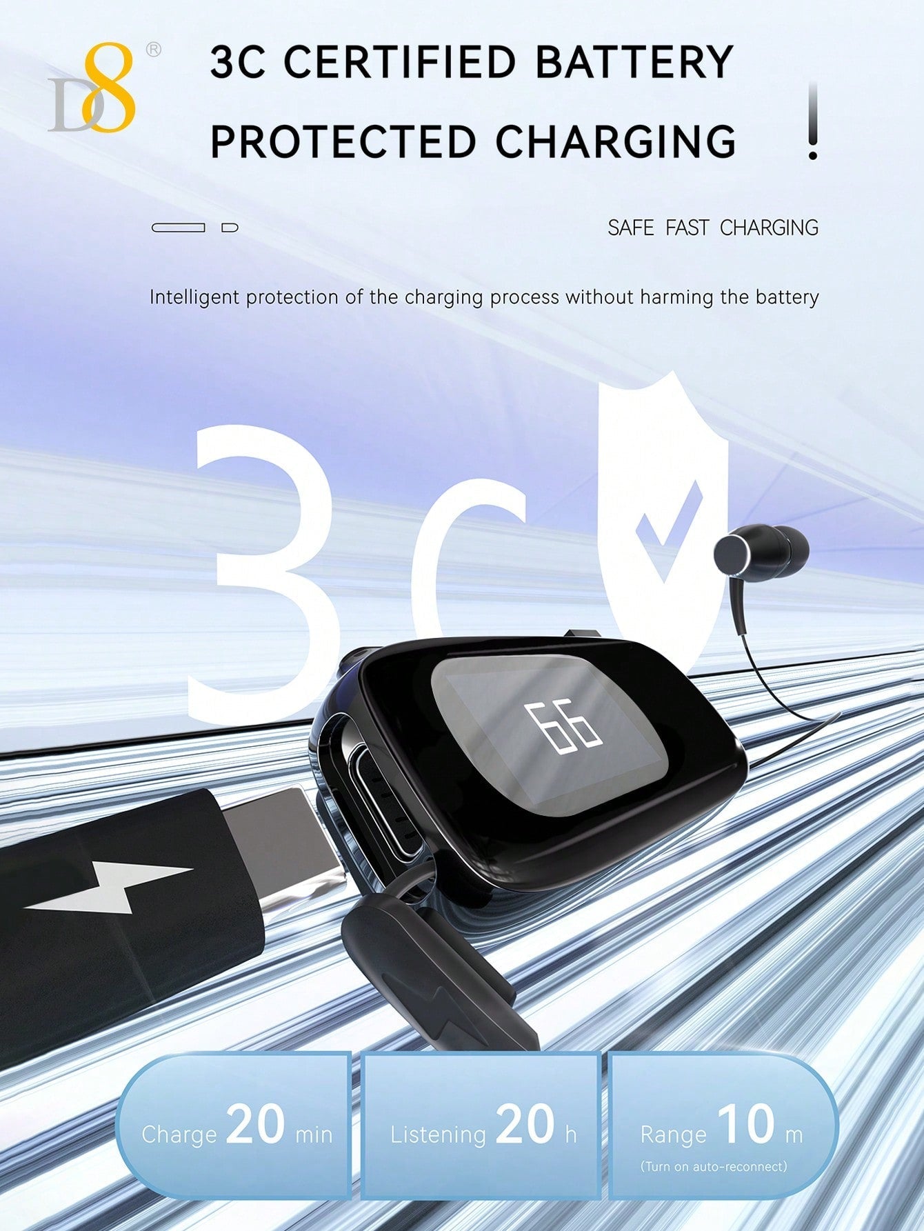 D8 Retractable Headset, LCD Display, Noise Cancelling, 20Hrs Hands-Free