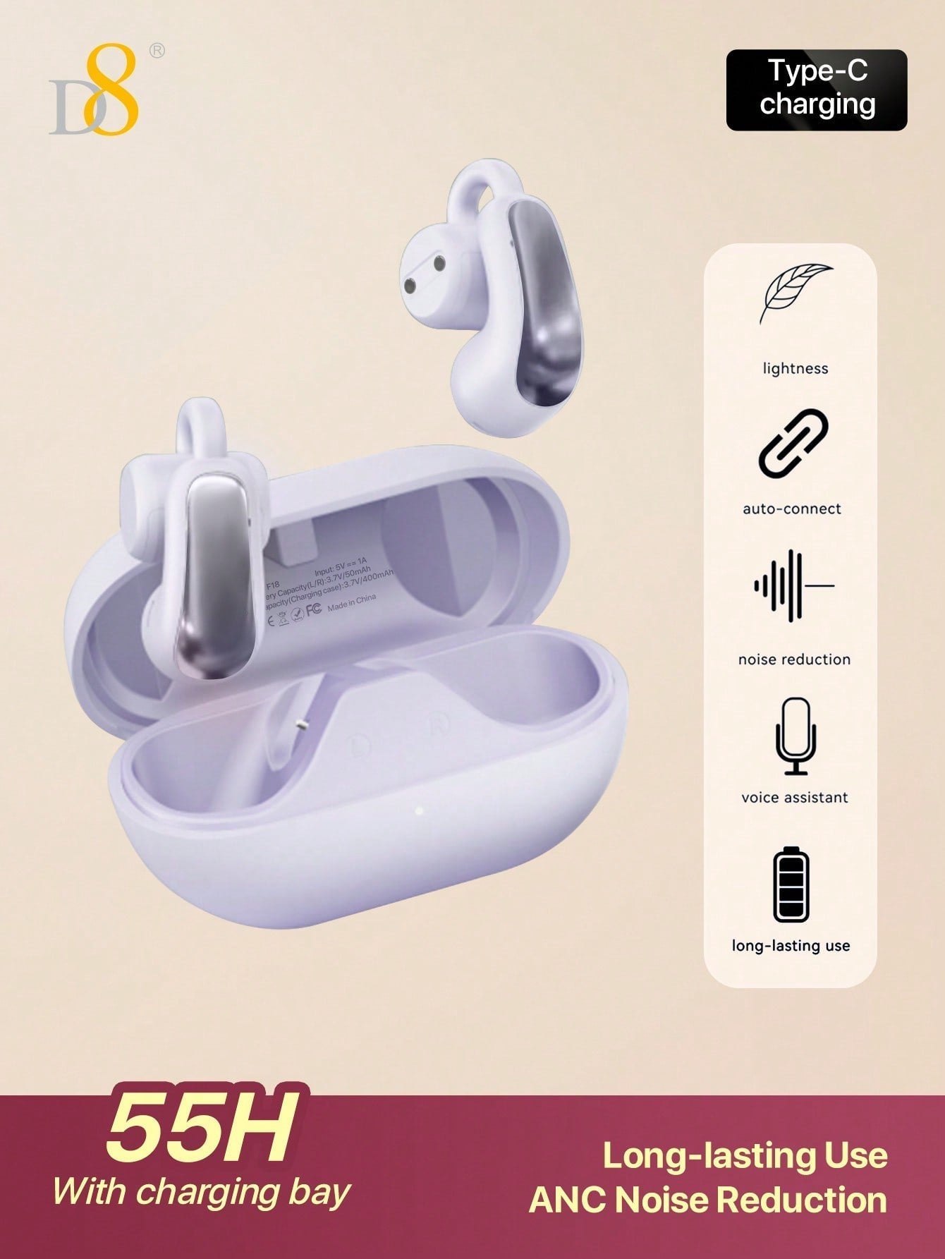 D8 Wireless Earbuds, 2024 Open Design, HiFi Sound, 55H Playtime, Type-C