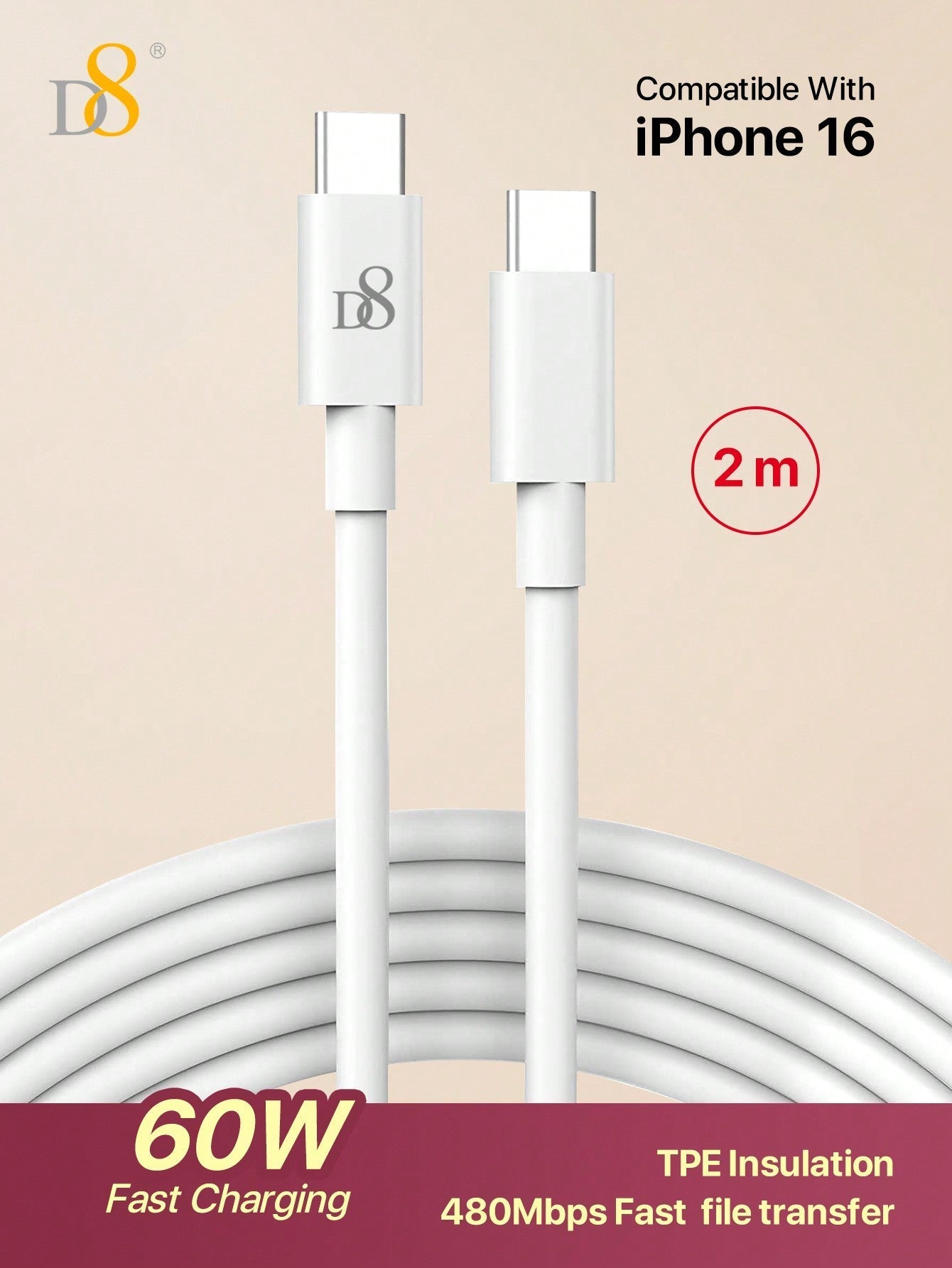 D8 USB-C Charger Cable (1M & 2M), 3A Fast Charging for MacBook/iPhone/Galaxy