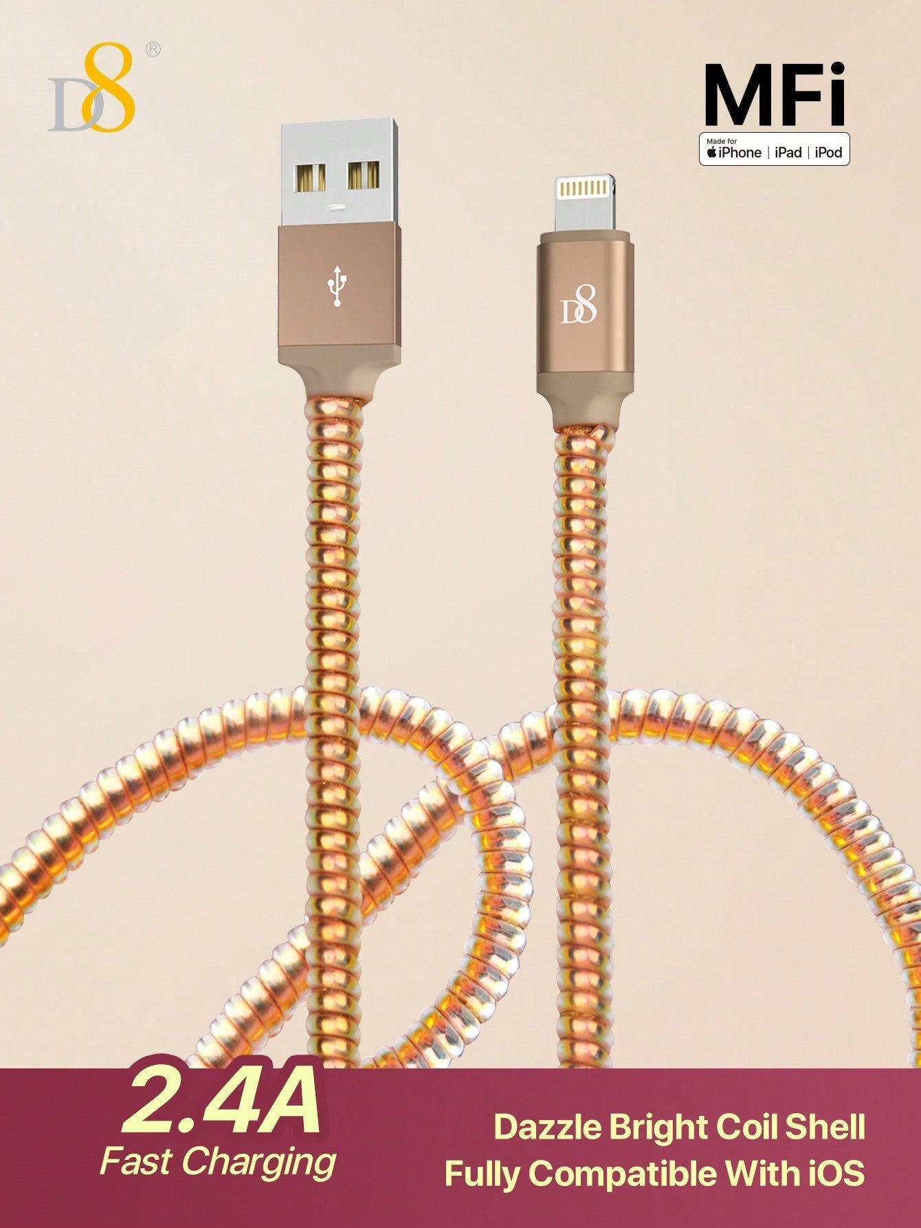 D8 USB-A to Lightning Charger Cable 1M – MFi Certified, 2.4A Fast Charging