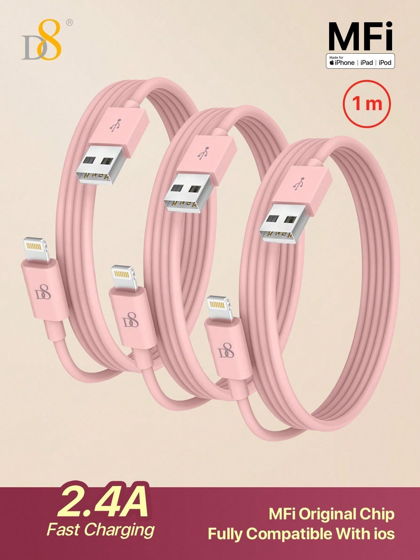 D8 3-Pack USB-A to Lightning Cable, MFi Certified 2.4A Fast Charging (1M)