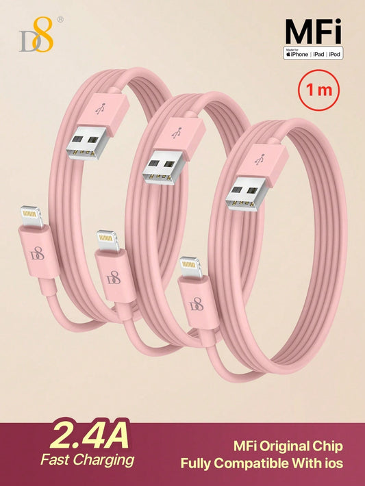 D8 3-Pack USB-A to Lightning Cable, MFi Certified 2.4A Fast Charging (1M)