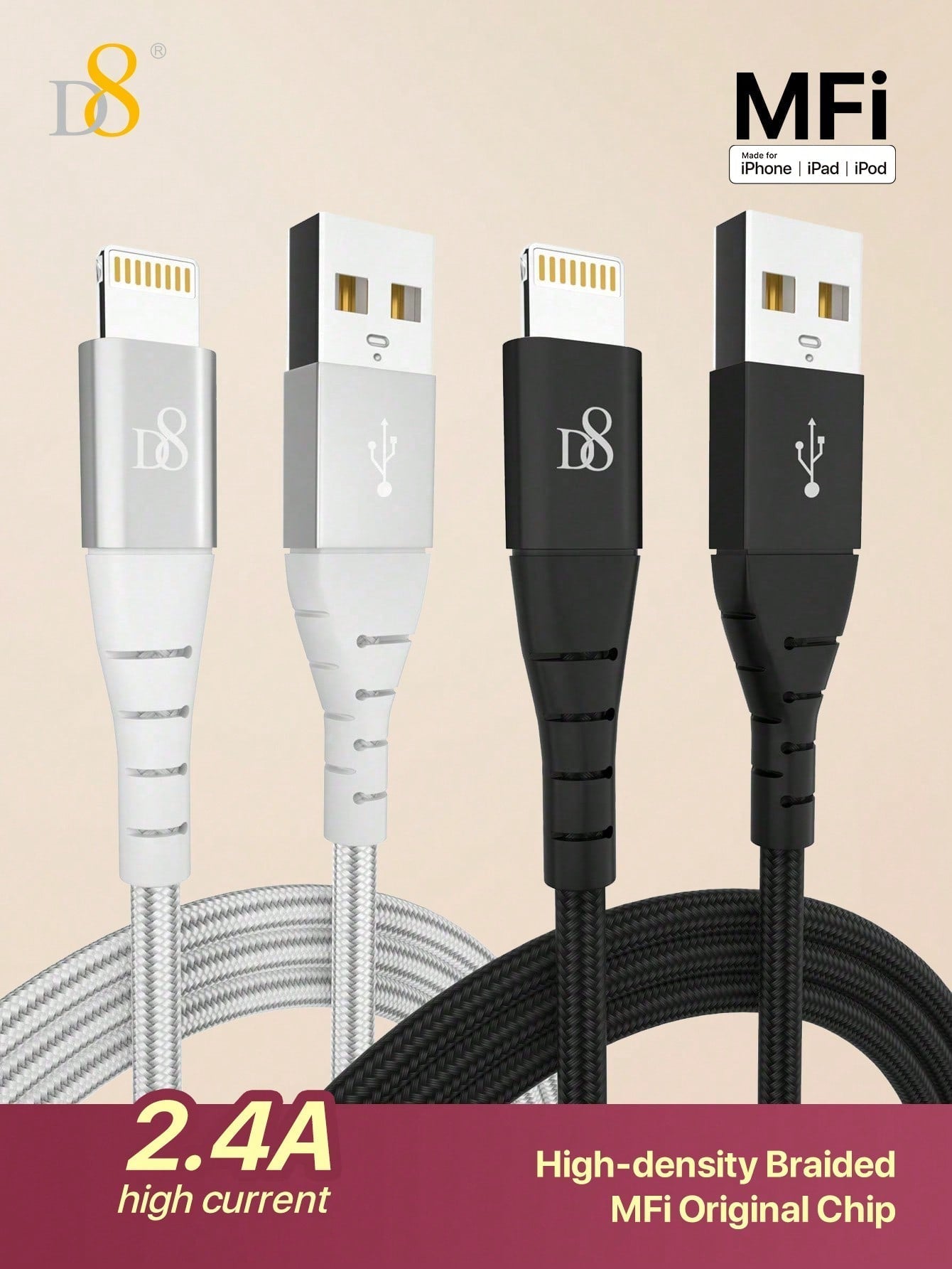 D8 iPhone Charger Cable (2-Pack, 3.3FT), USB-A to Lightning, MFi Certified
