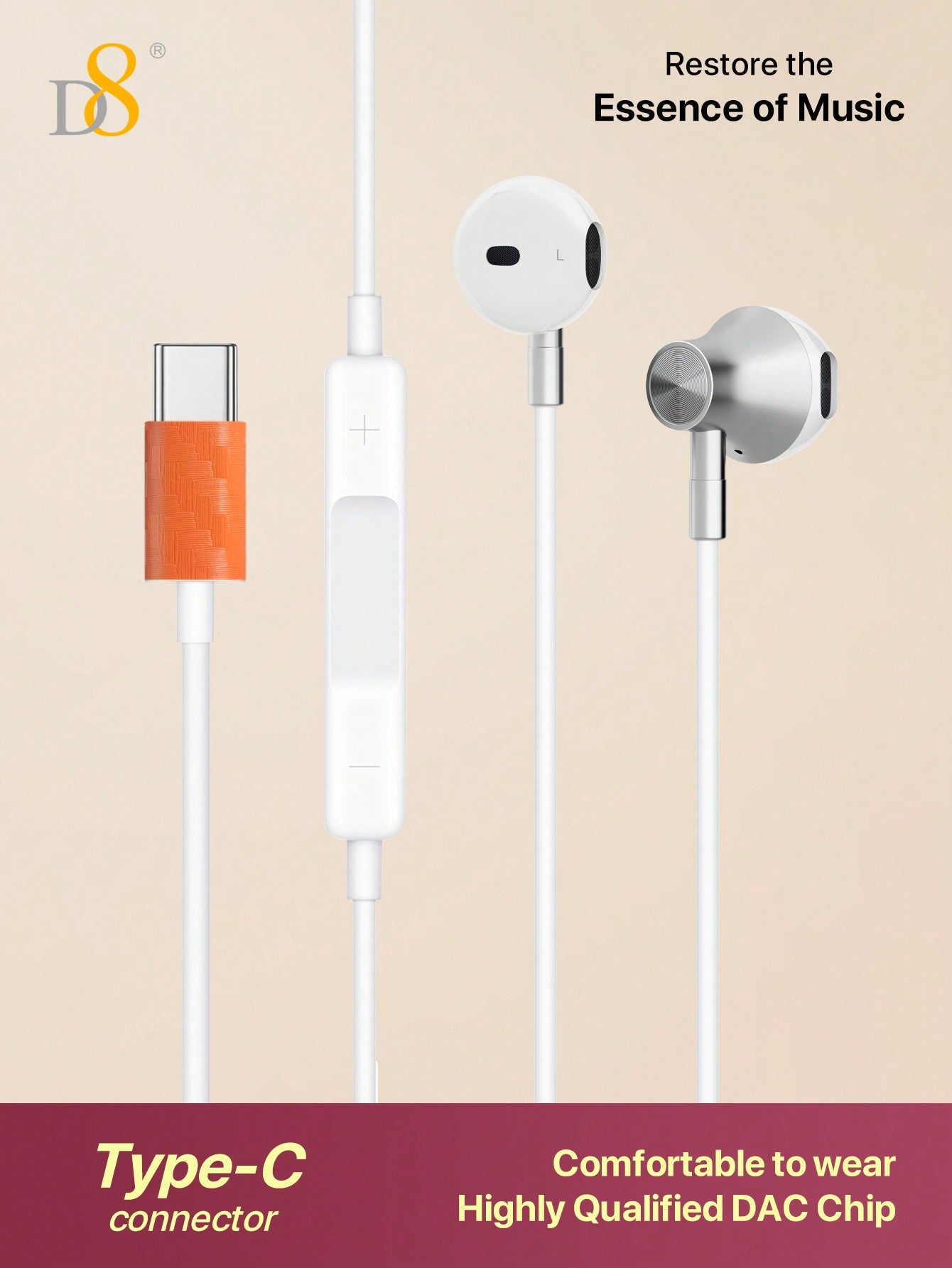 D8 USB C Headphones Compatible With Iphone 15 Earbuds With Microphone & Volume Control HiFi Stereo