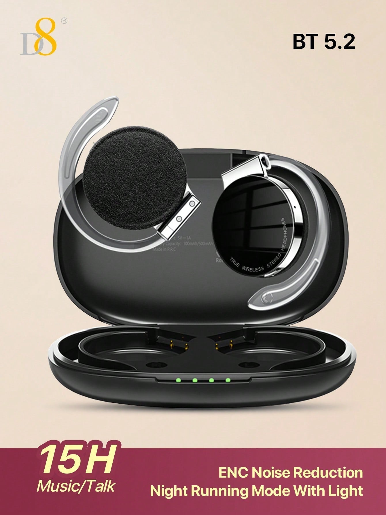 D8 Open-Ear Wireless Headphones, Bass Stereo, 15H Playtime, Waterproof Mic