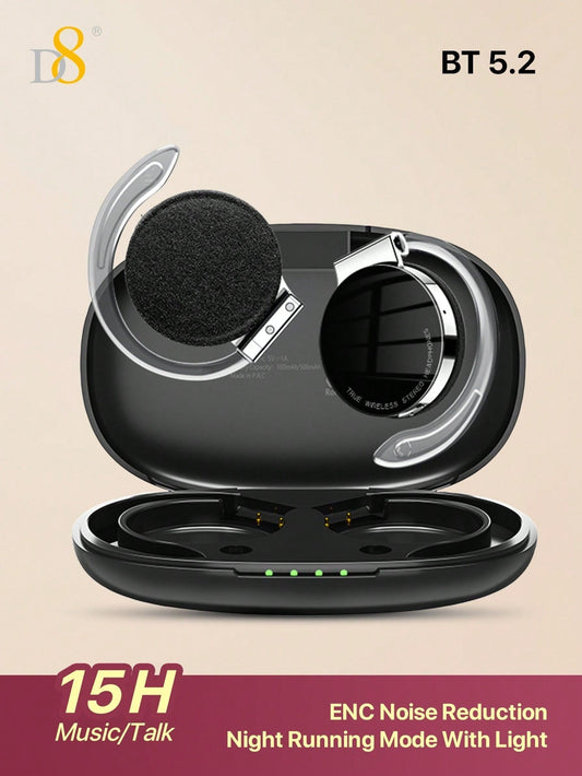 D8 Open-Ear Wireless Headphones, Bass Stereo, 15H Playtime, Waterproof Mic