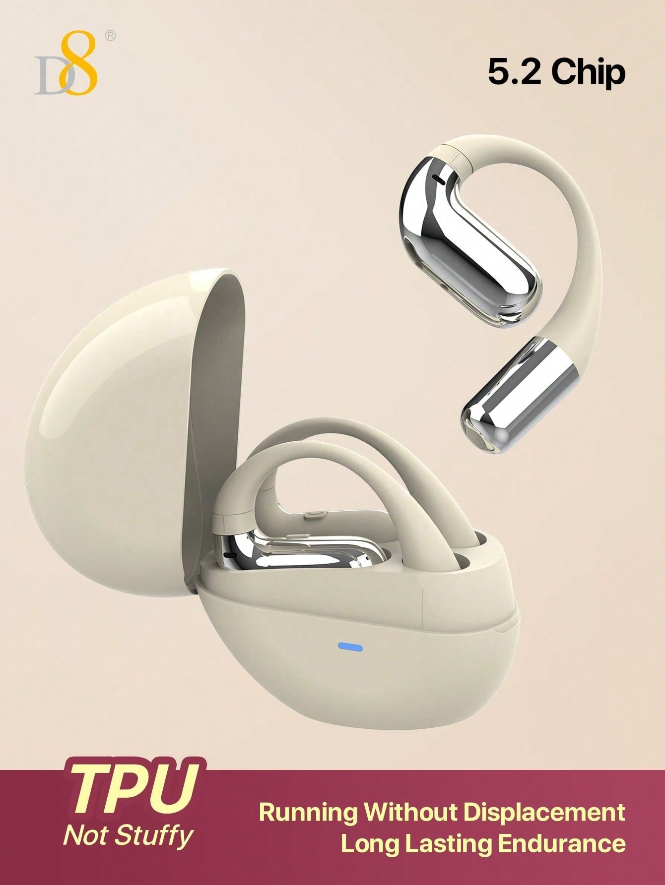 D8 Open-Ear Sport Headphones, 5.2 Stereo, Bass Boost, 7H Playtime, IPX5