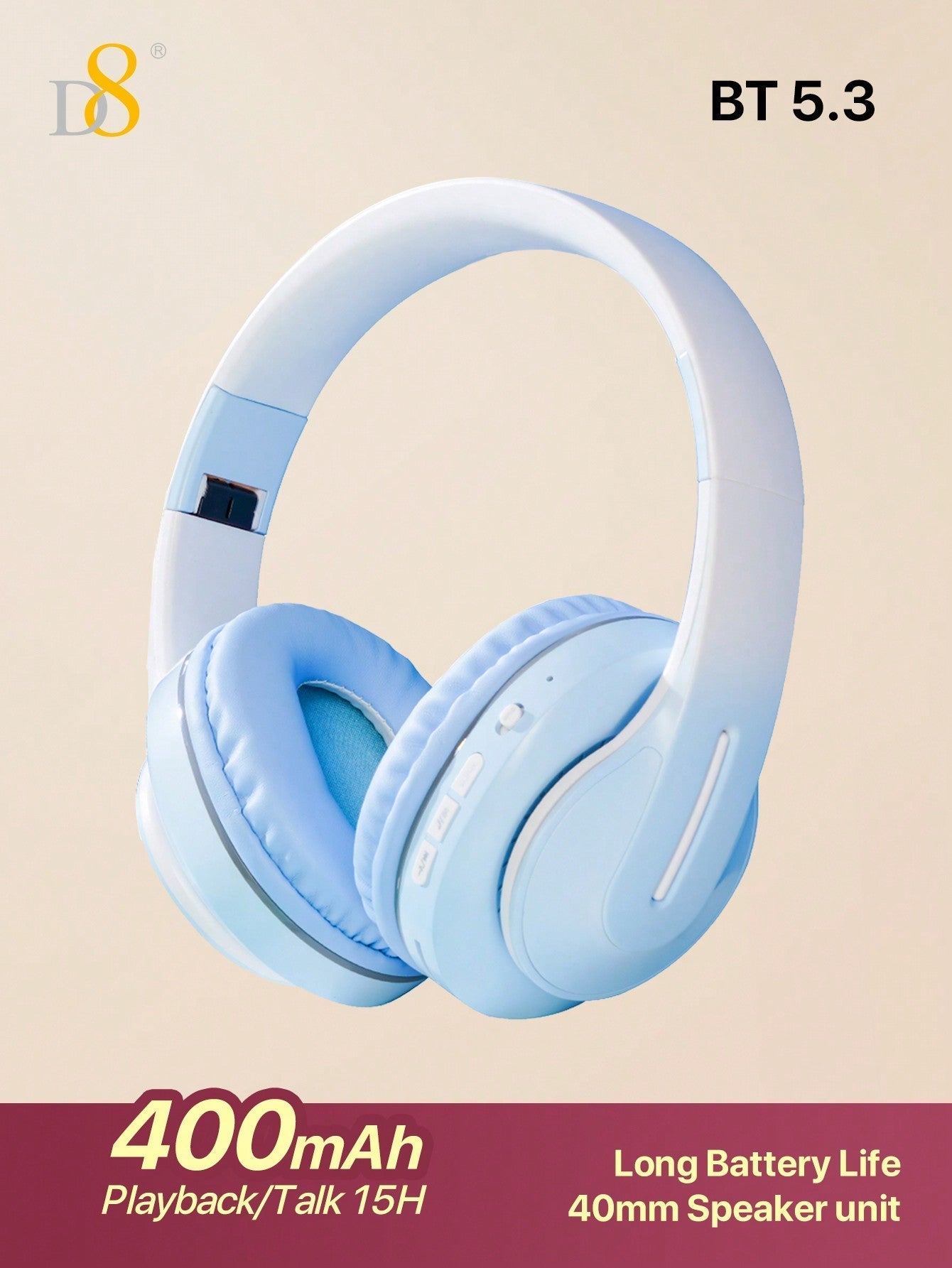 D8 Over-Ear Headphones, 15H Playtime, 6 EQ Modes, Foldable, HiFi Deep Bass