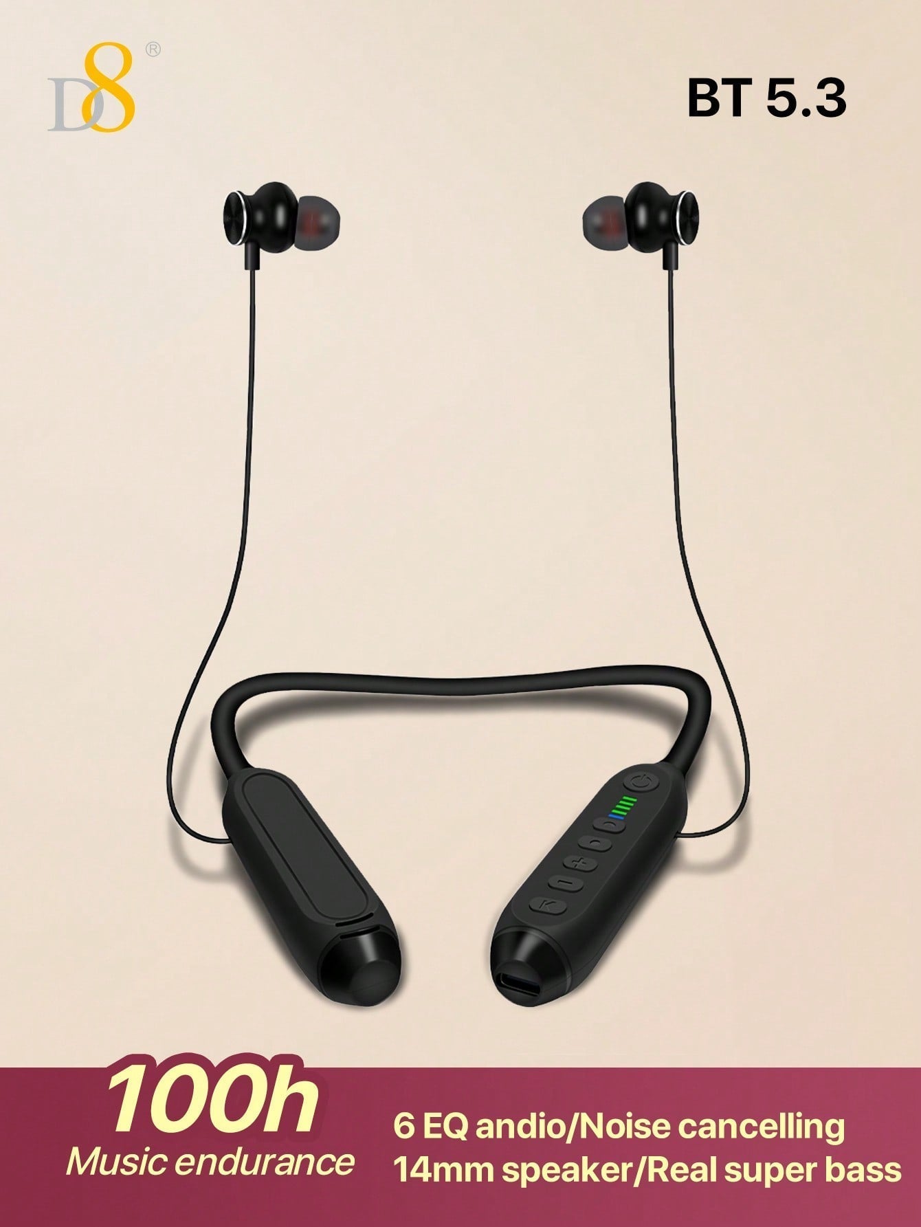 D8 Neckband Headphones, 100H Playback, Mic, Waterproof, Stereo Sound