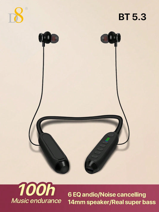 D8 Neckband Headphones, 100H Playback, Mic, Waterproof, Stereo Sound