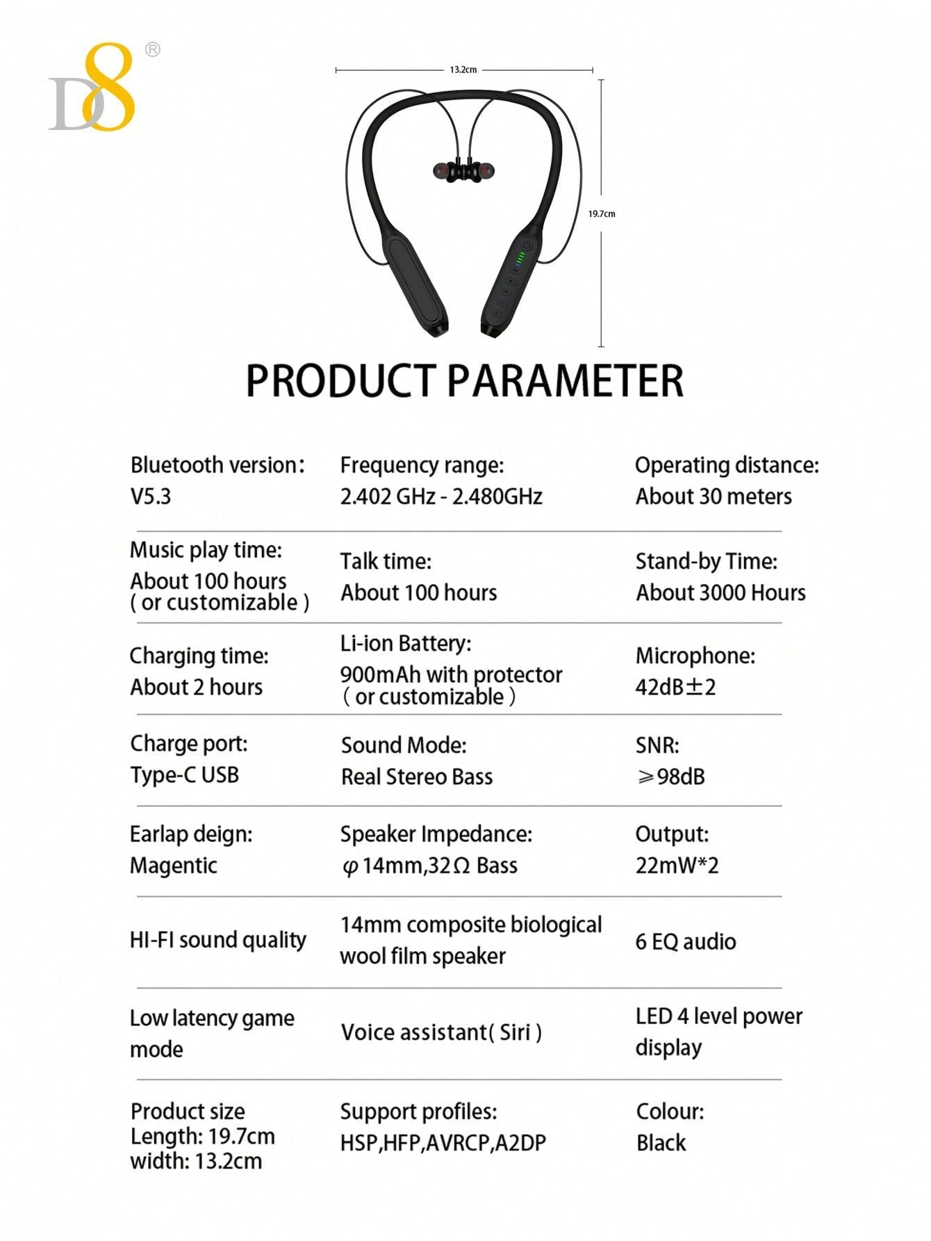 D8 Neckband Headphones, 100H Playback, Mic, Waterproof, Stereo Sound