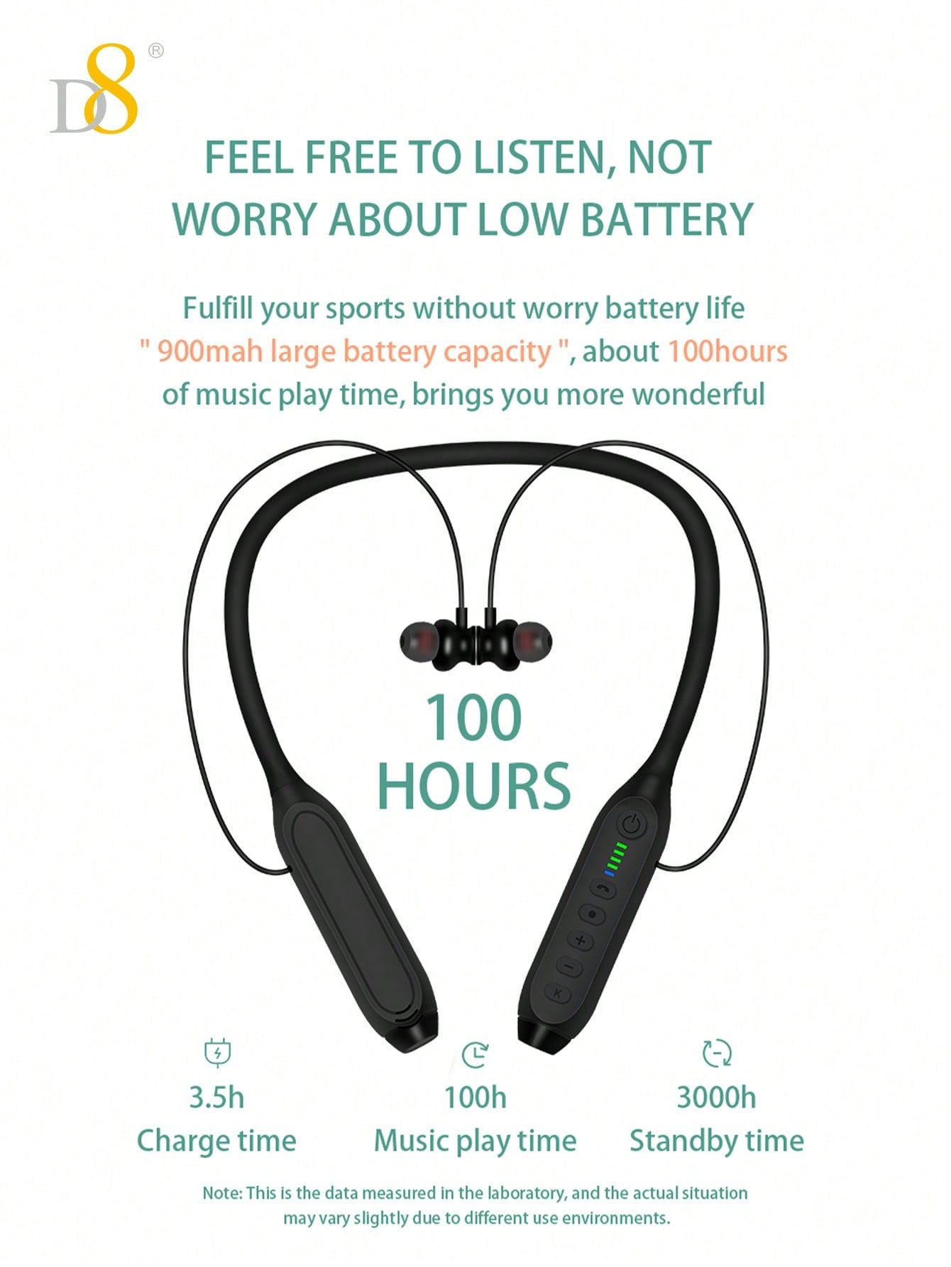 D8 Neckband Headphones, 100H Playback, Mic, Waterproof, Stereo Sound