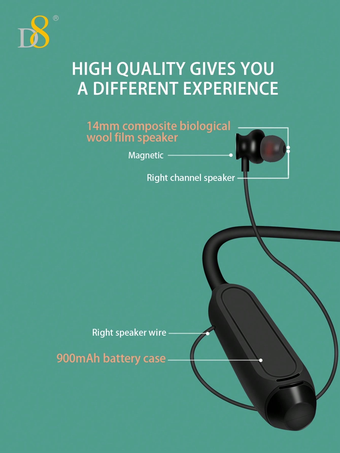 D8 Neckband Headphones, 100H Playback, Mic, Waterproof, Stereo Sound