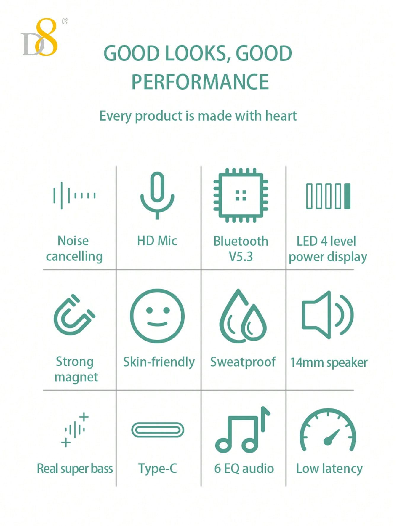 D8 Neckband Headphones, 100H Playback, Mic, Waterproof, Stereo Sound