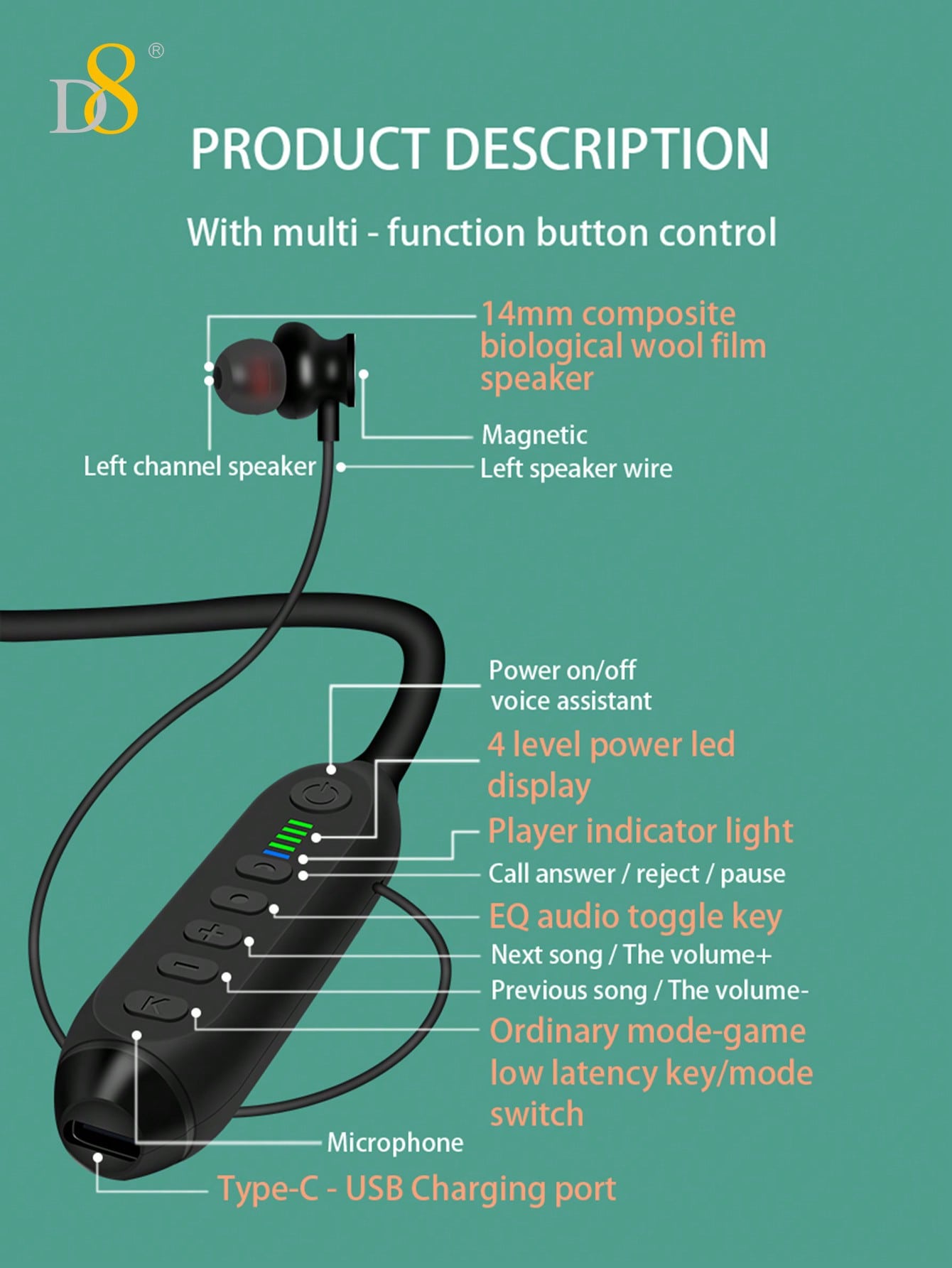 D8 Neckband Headphones, 100H Playback, Mic, Waterproof, Stereo Sound