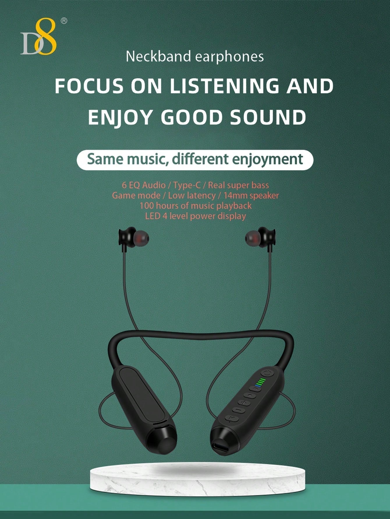 D8 Neckband Headphones, 100H Playback, Mic, Waterproof, Stereo Sound