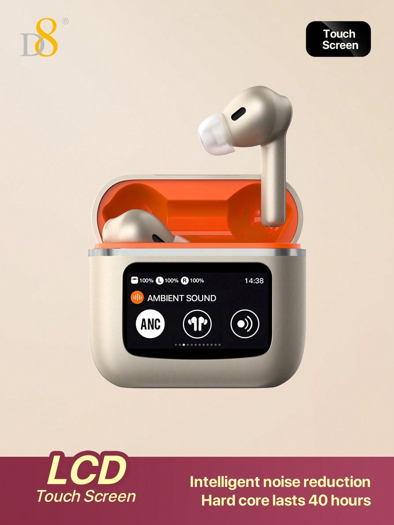D8 Wireless Earbuds, LCD Touch, ANC & Transparency, BT 5.3, 40H Playtime